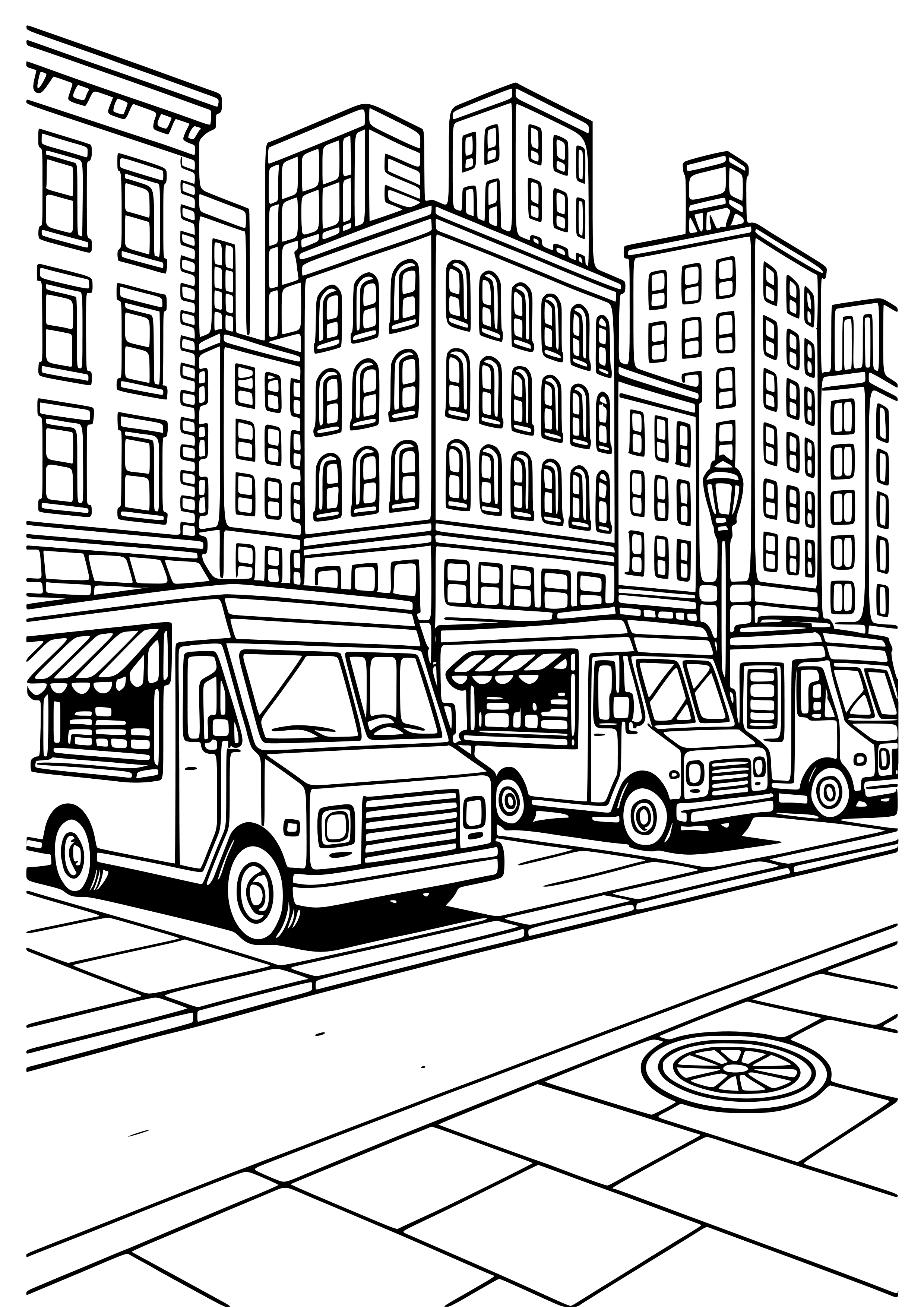 City Street with Food Trucks Coloring Page