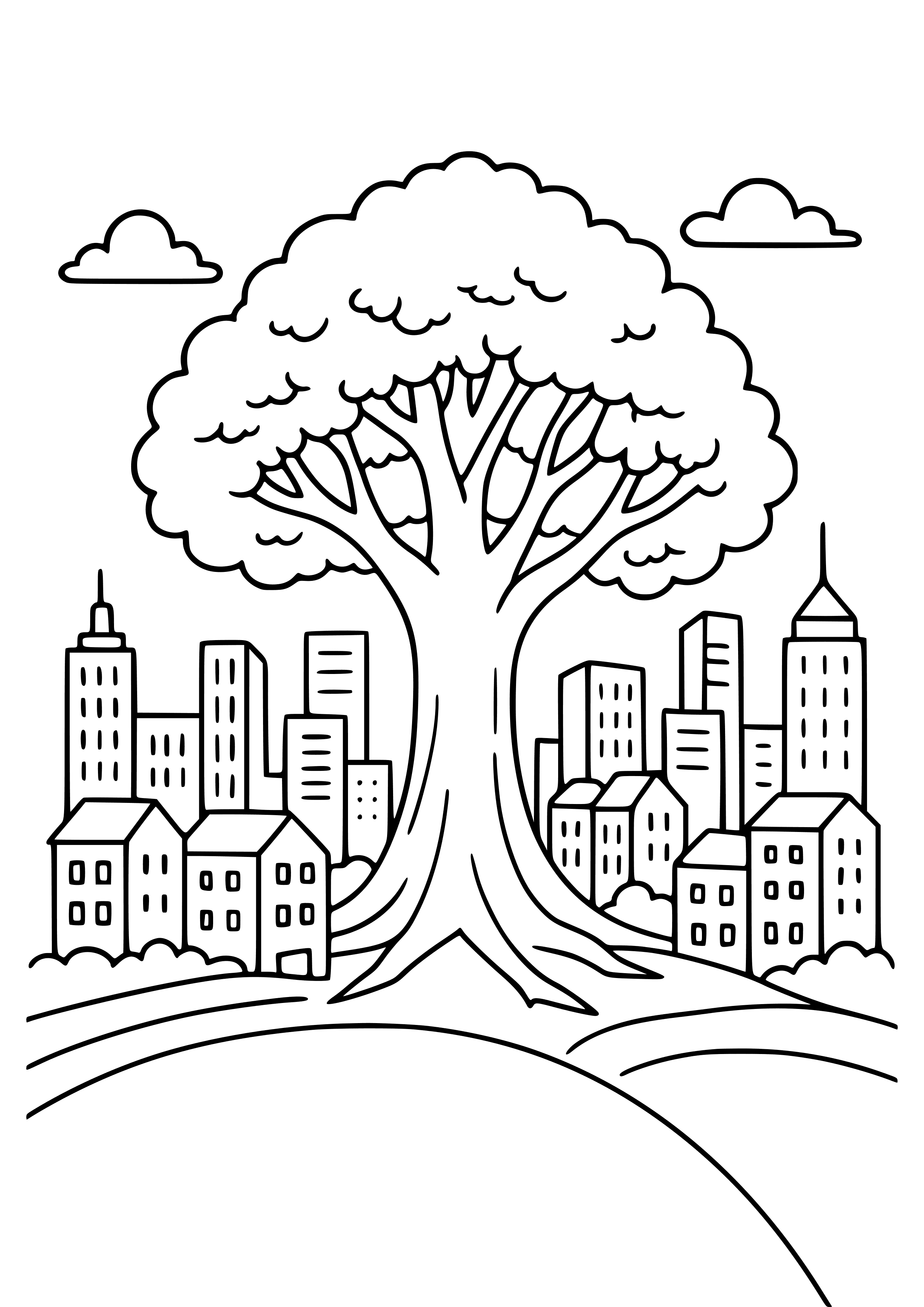 City with a Giant Tree in the Center Coloring Page