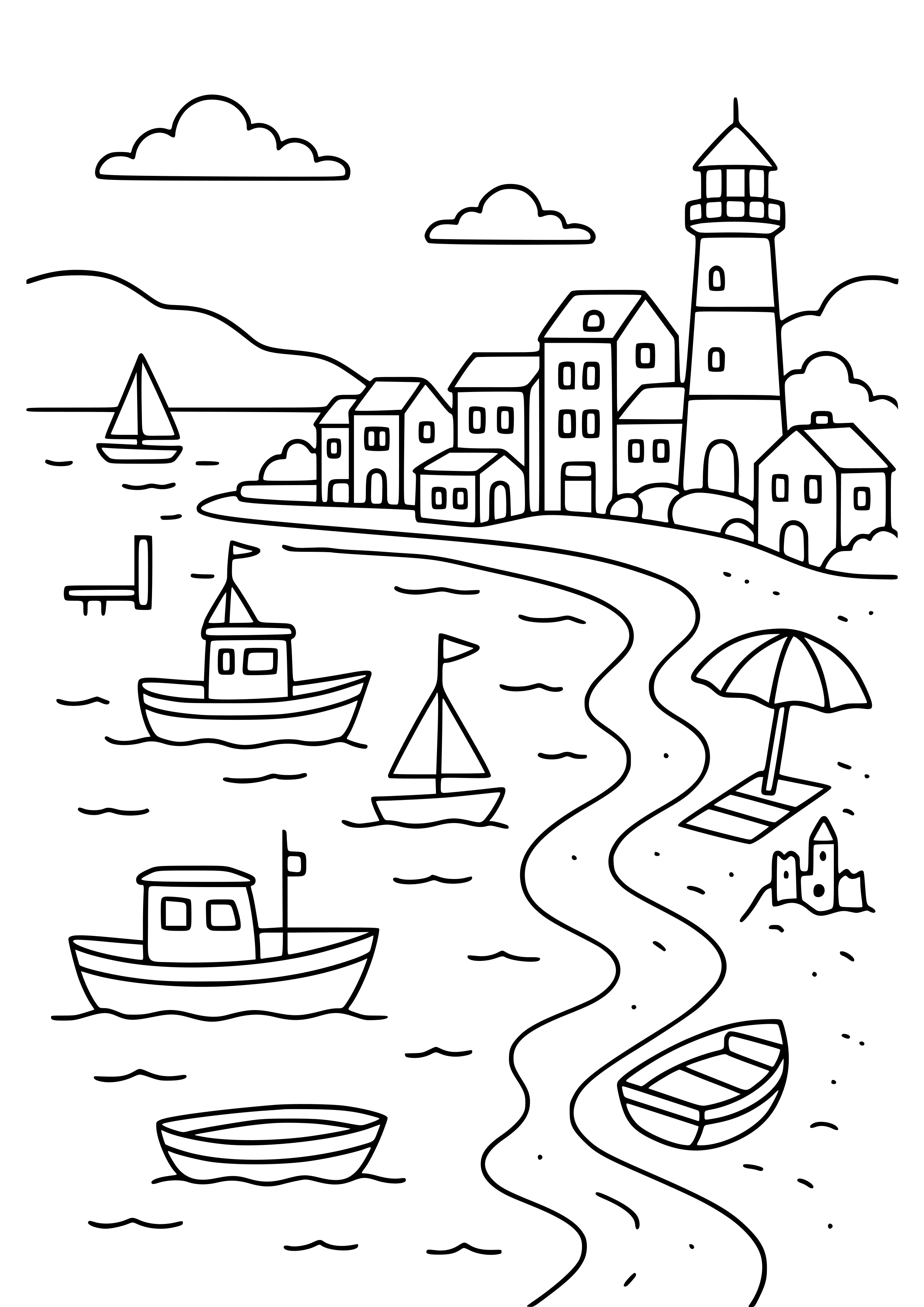 Coastal City with Boats and Beaches Coloring Page