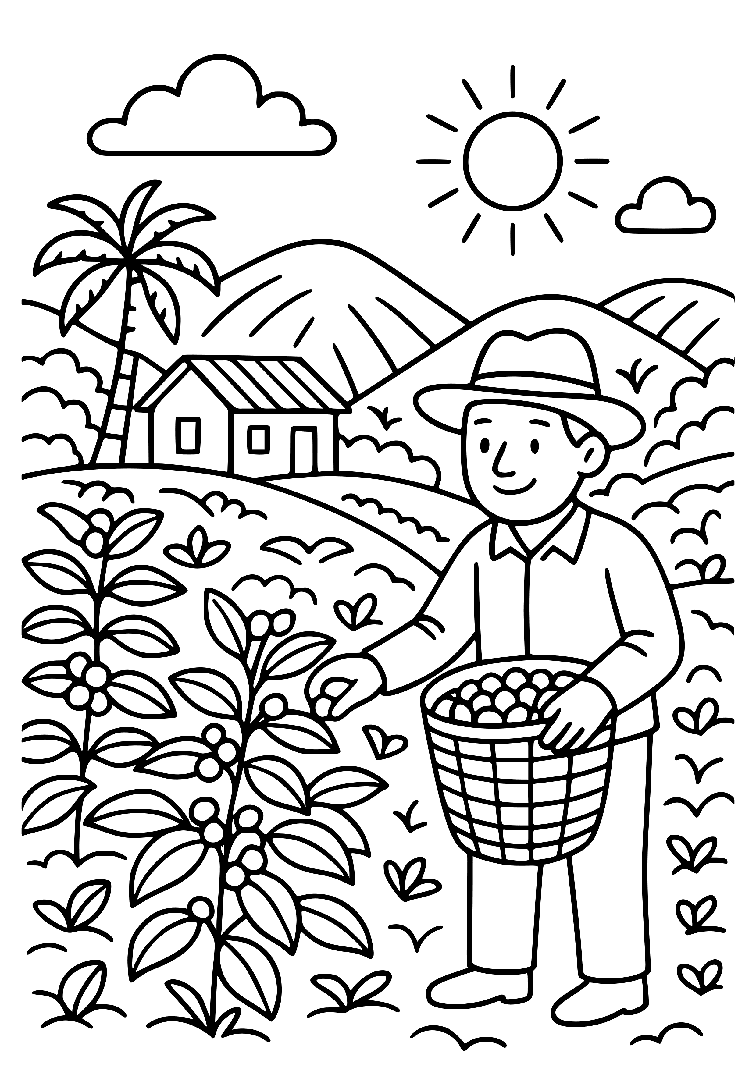 Colombian Coffee Farm with Coffee Plants Coloring Page