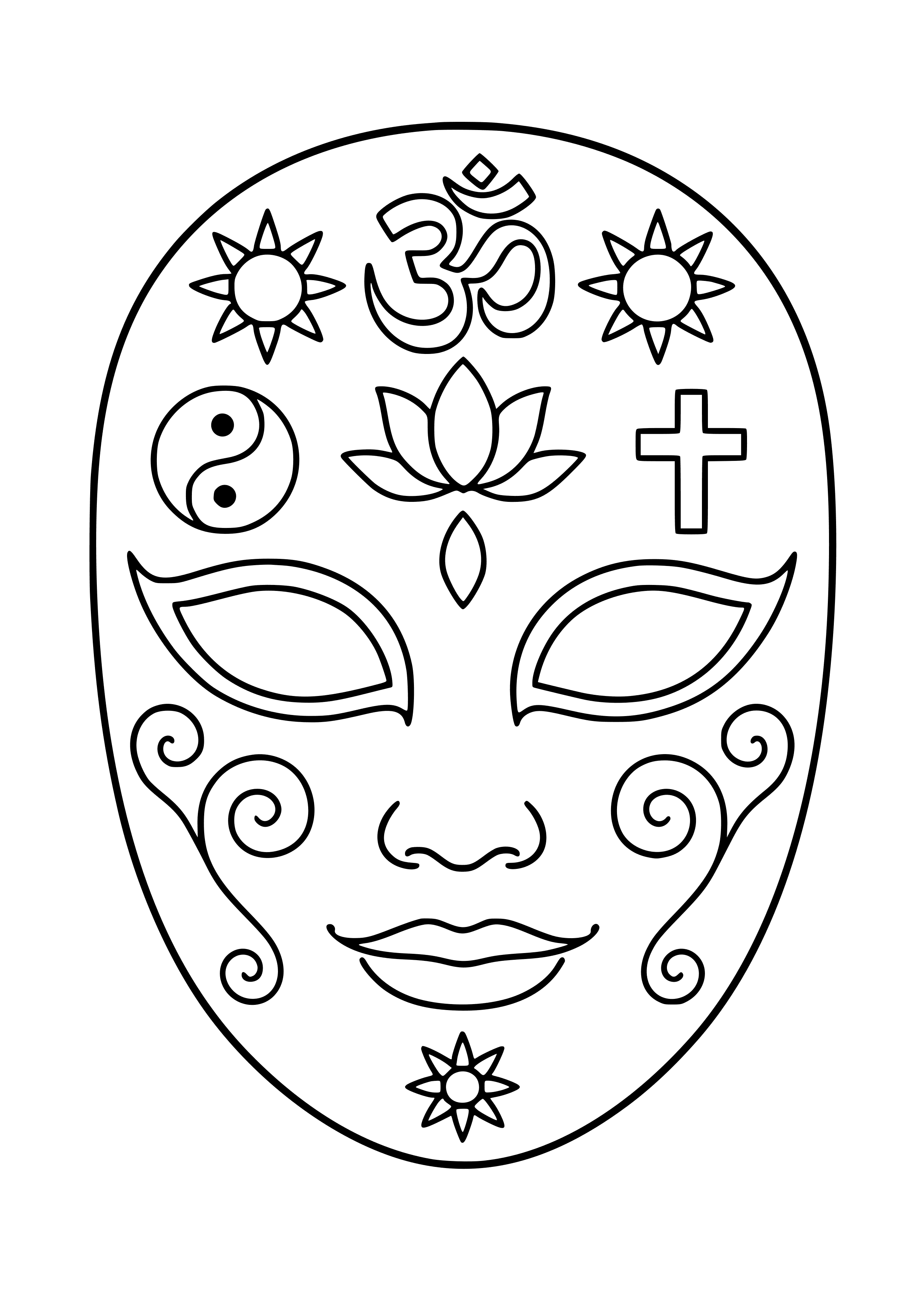 Colorful Mask with Spiritual Symbols Coloring Page