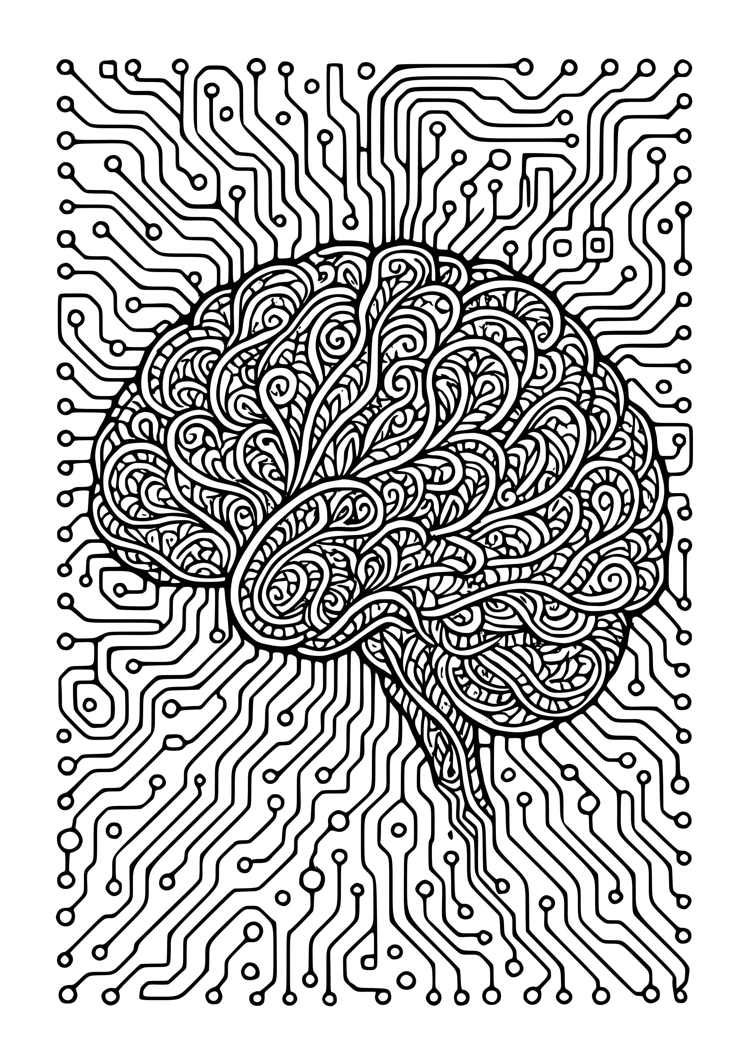Complex Circuitry Intertwined with Organic Forms Coloring Page
