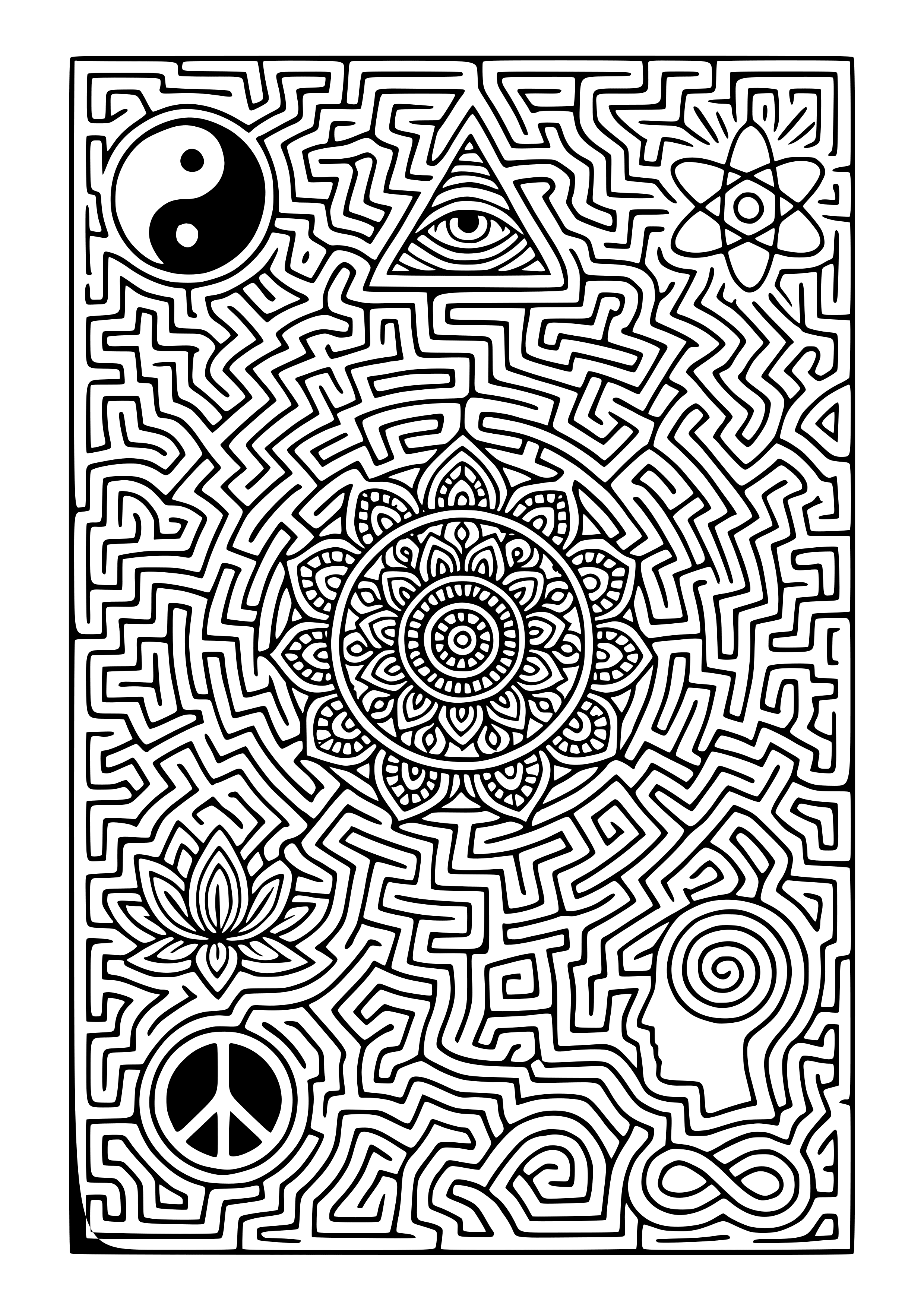 Convoluted Maze with Deep Philosophical Symbols Coloring Page