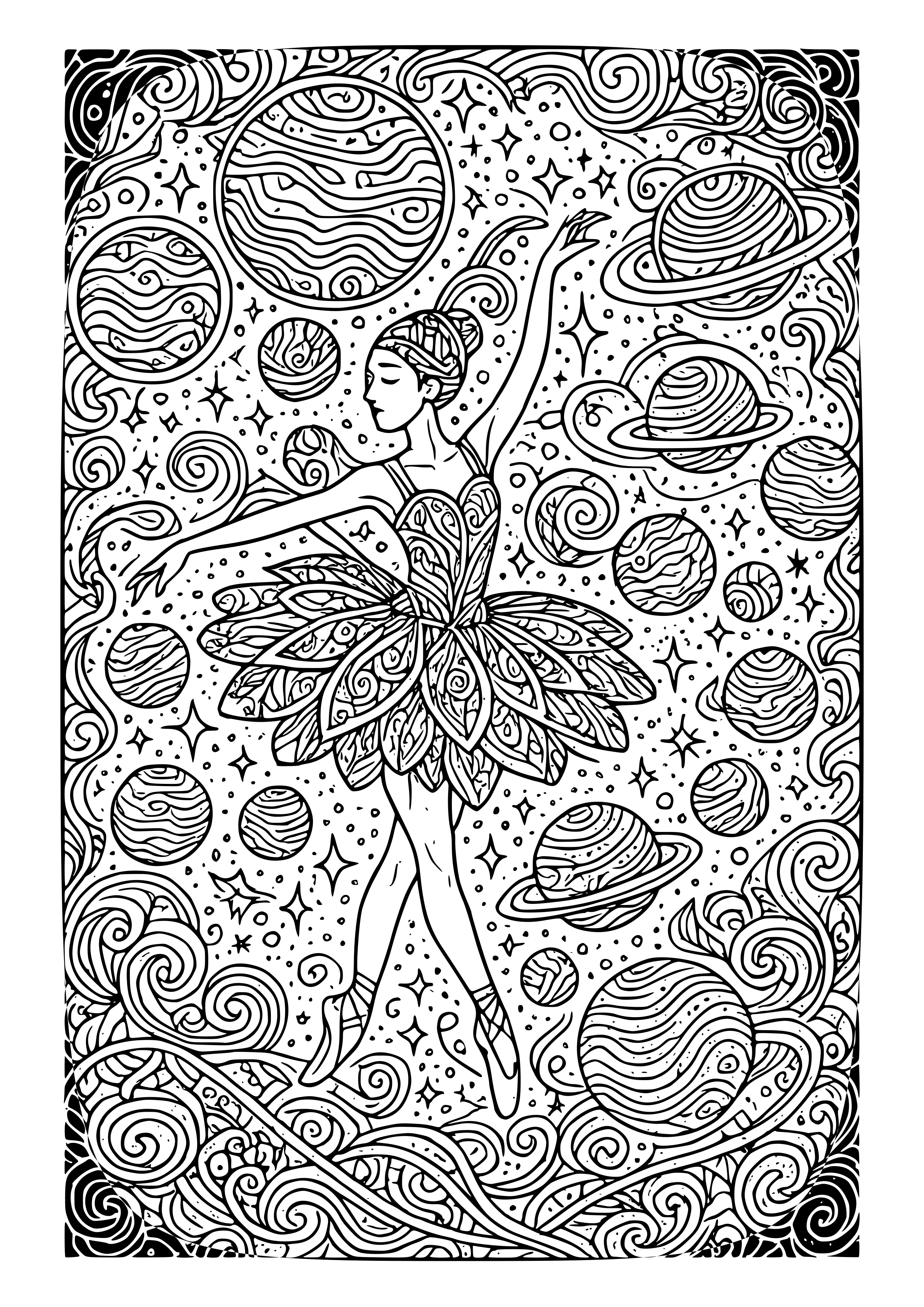Cosmic Ballet of Planets and Stars Coloring Page