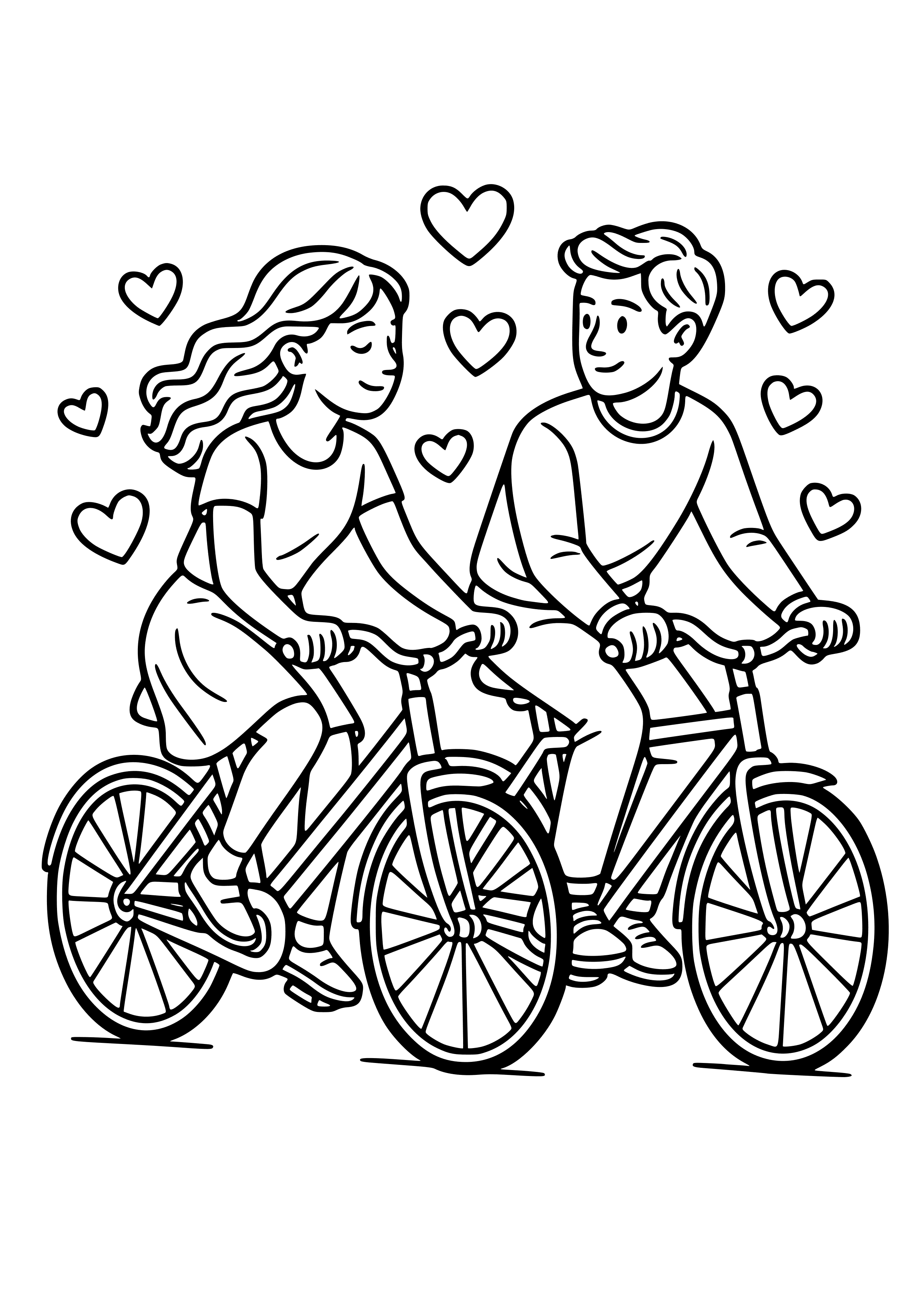 Couple Biking Together with Hearts Coloring Page