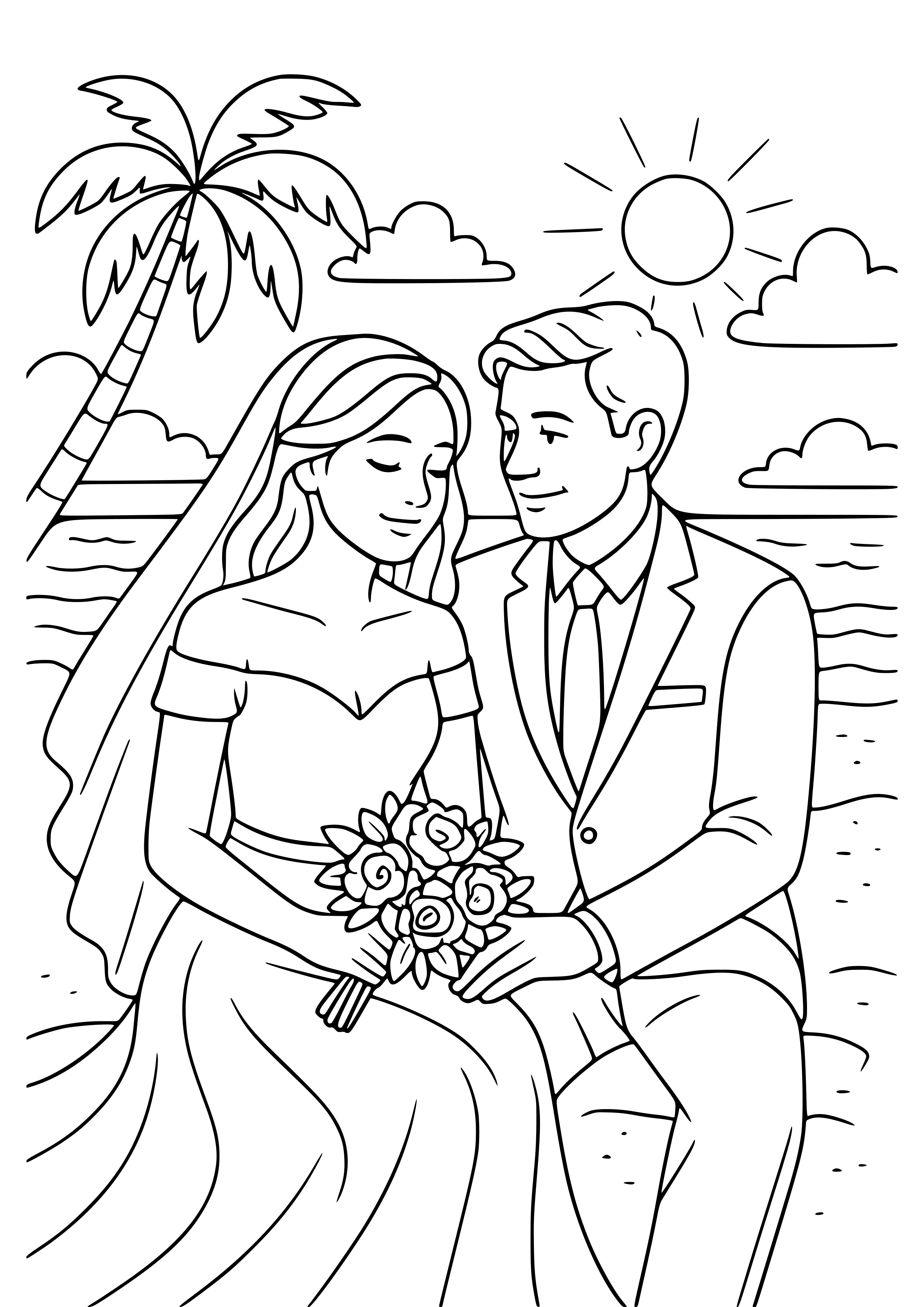 Couple Enjoying Their Honeymoon on a Beach Coloring Page
