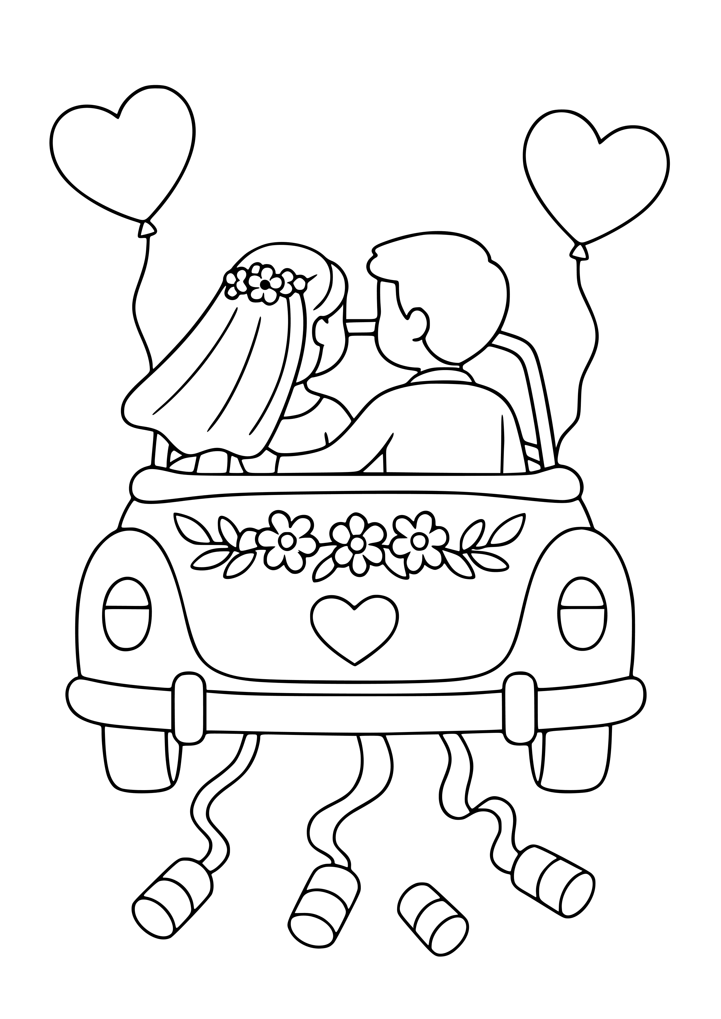 Couple Riding Away in a Decorated Car Coloring Page