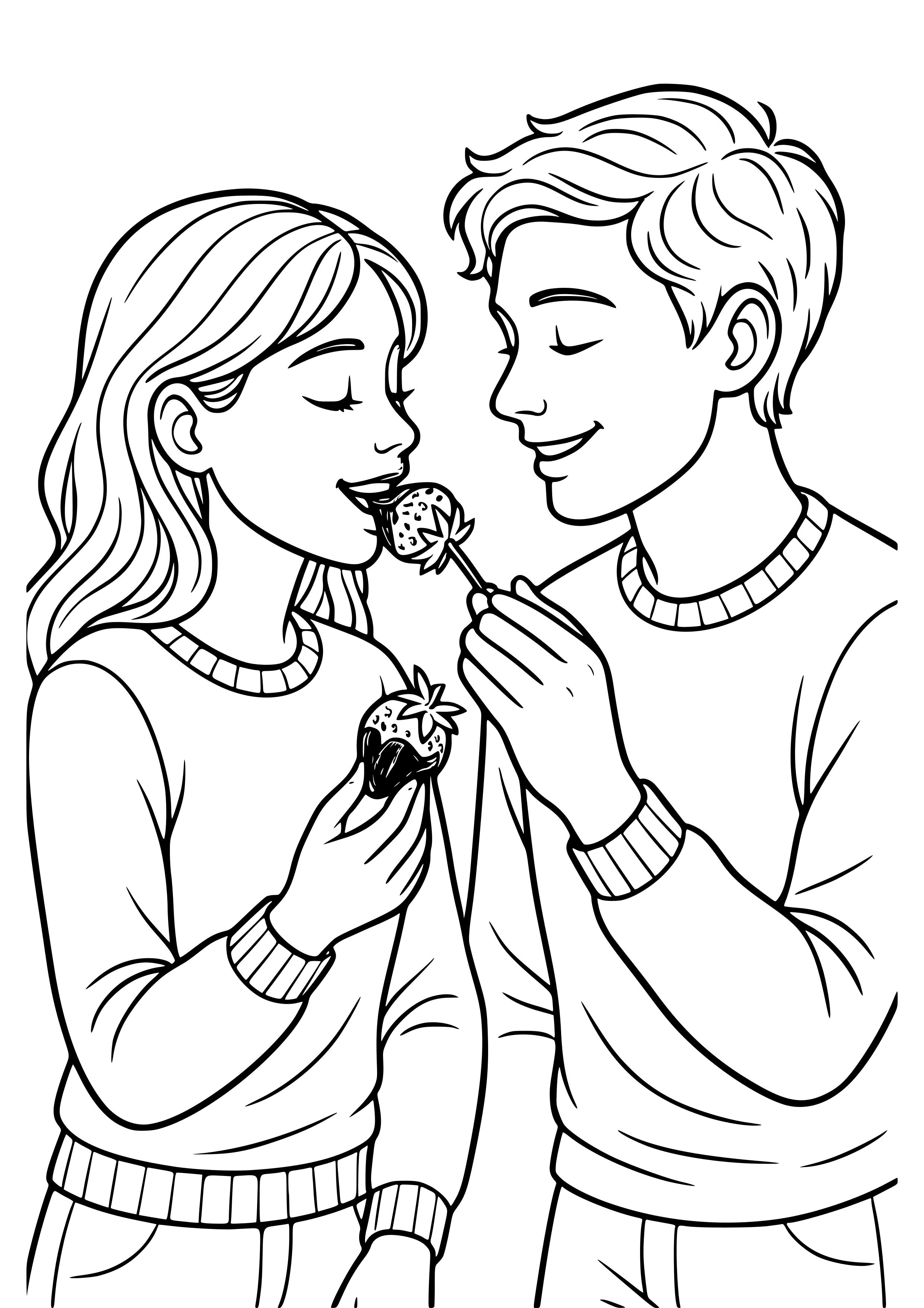 Couple Sharing Chocolate Strawberries Coloring Page