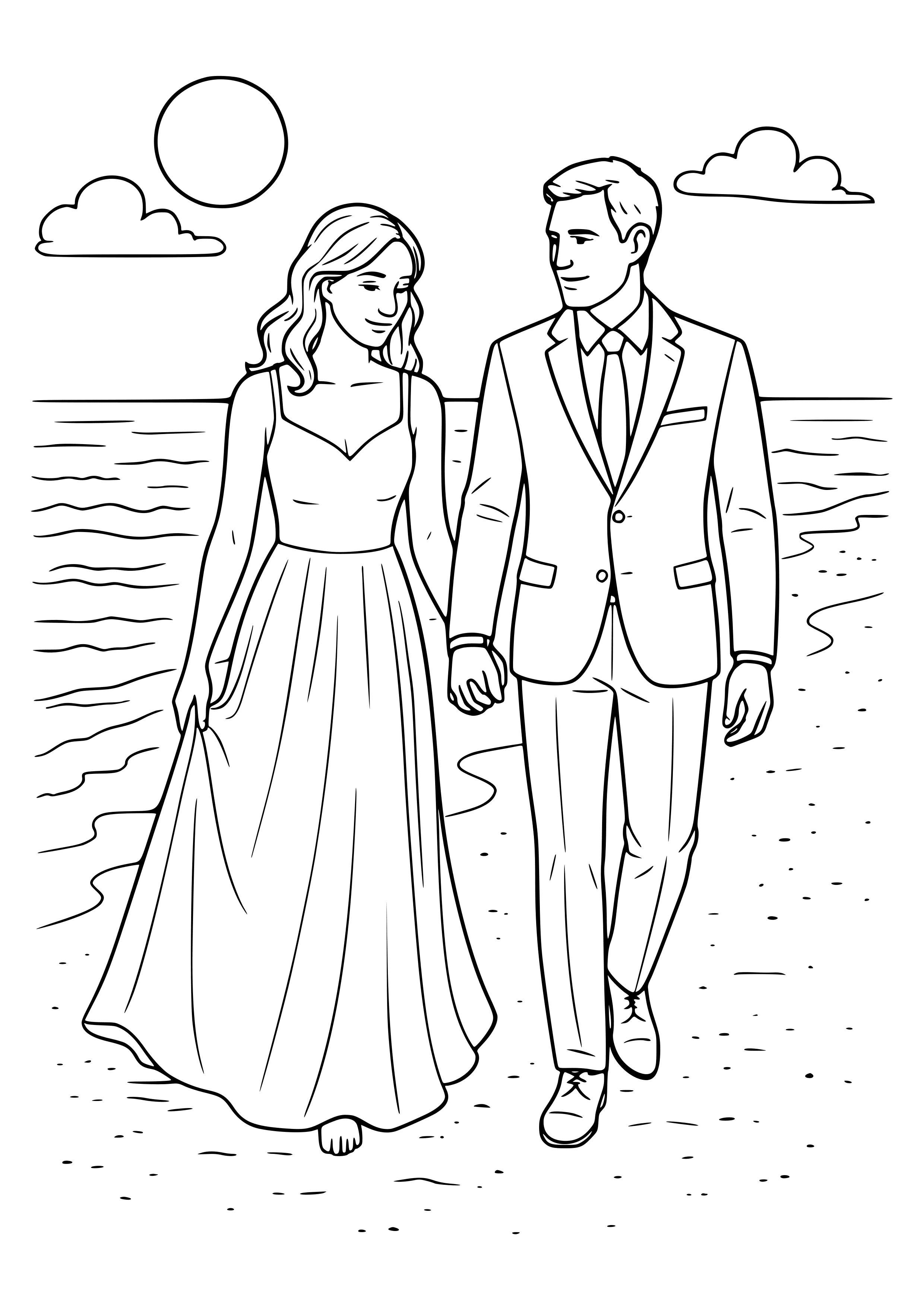 Couple Walking Hand in Hand on the Beach Coloring Page