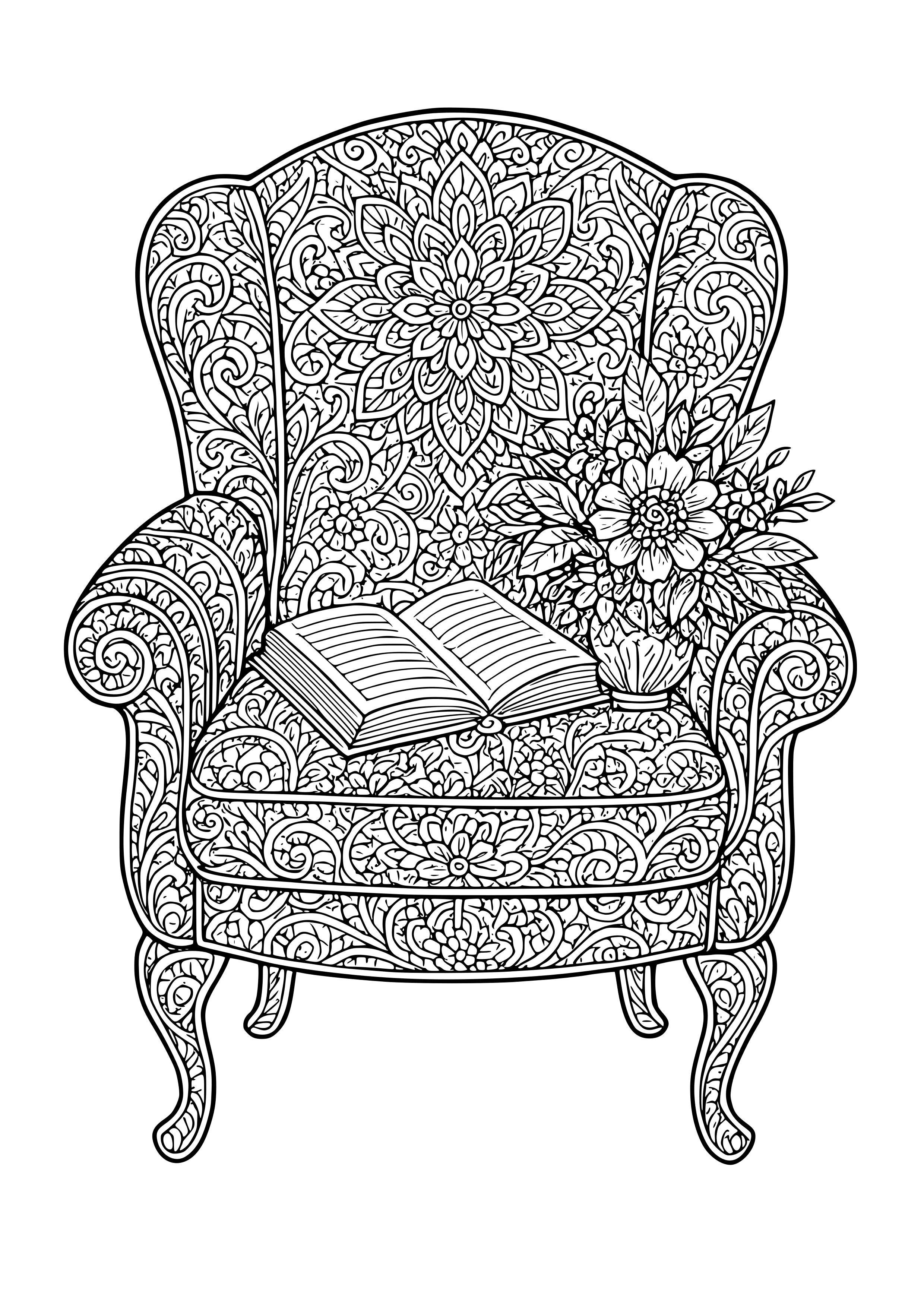 Cozy Chair with a Book and Flowers Coloring Page