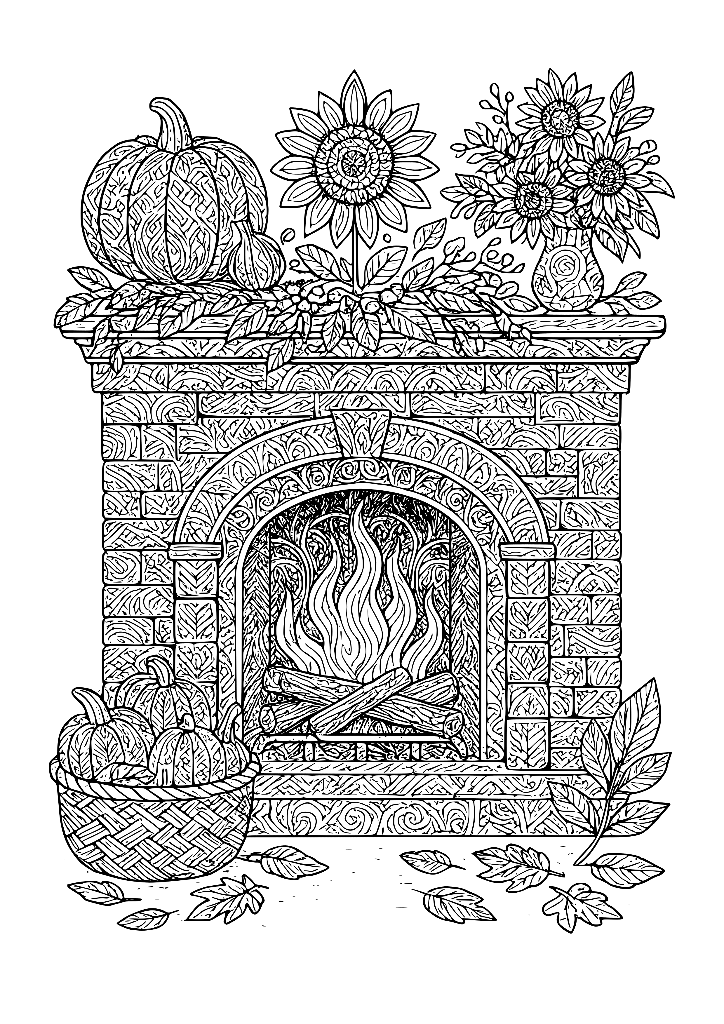 Cozy Fireplace with Autumn Decor Coloring Page