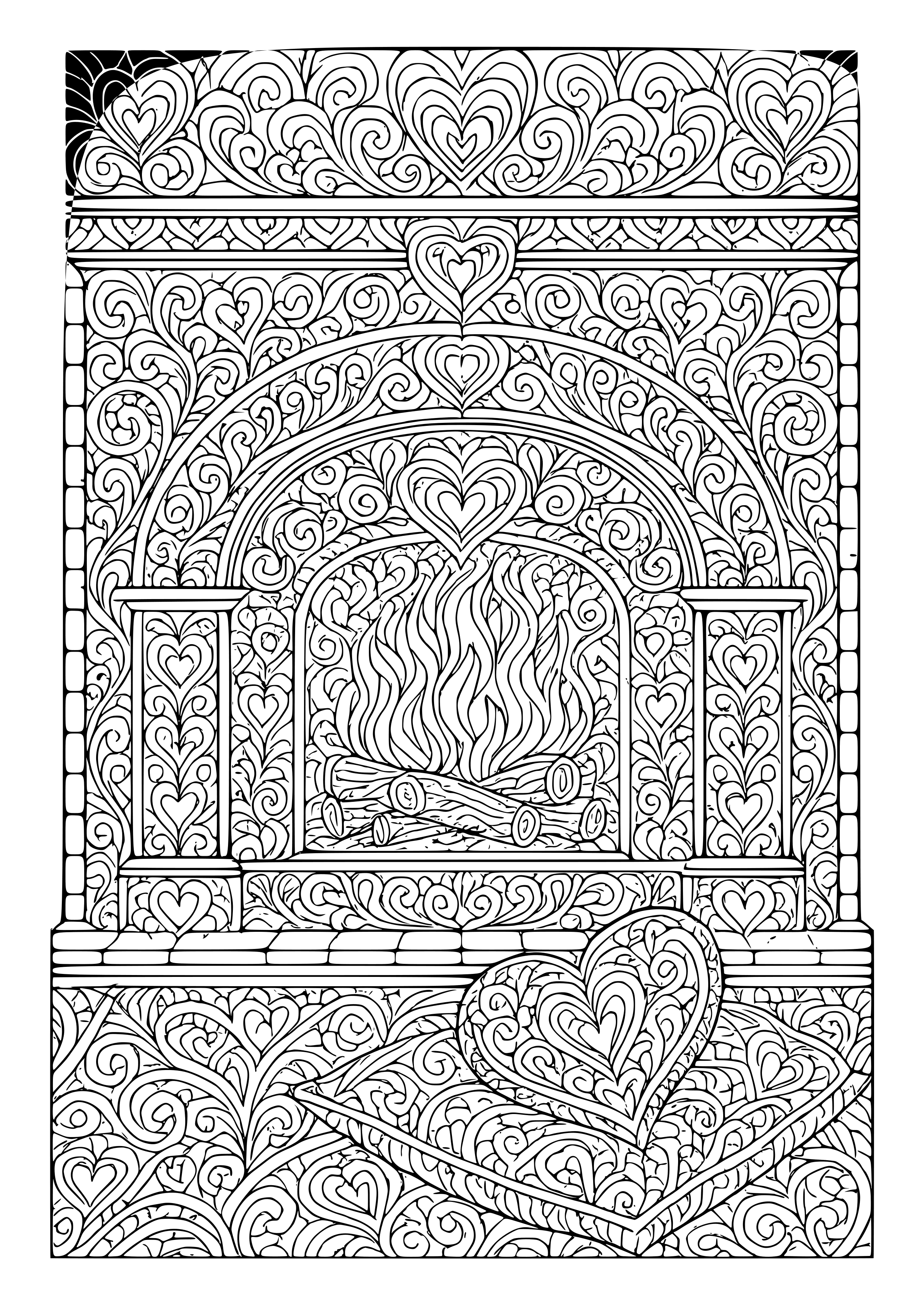 Cozy Fireplace with Heart Motifs Coloring Page