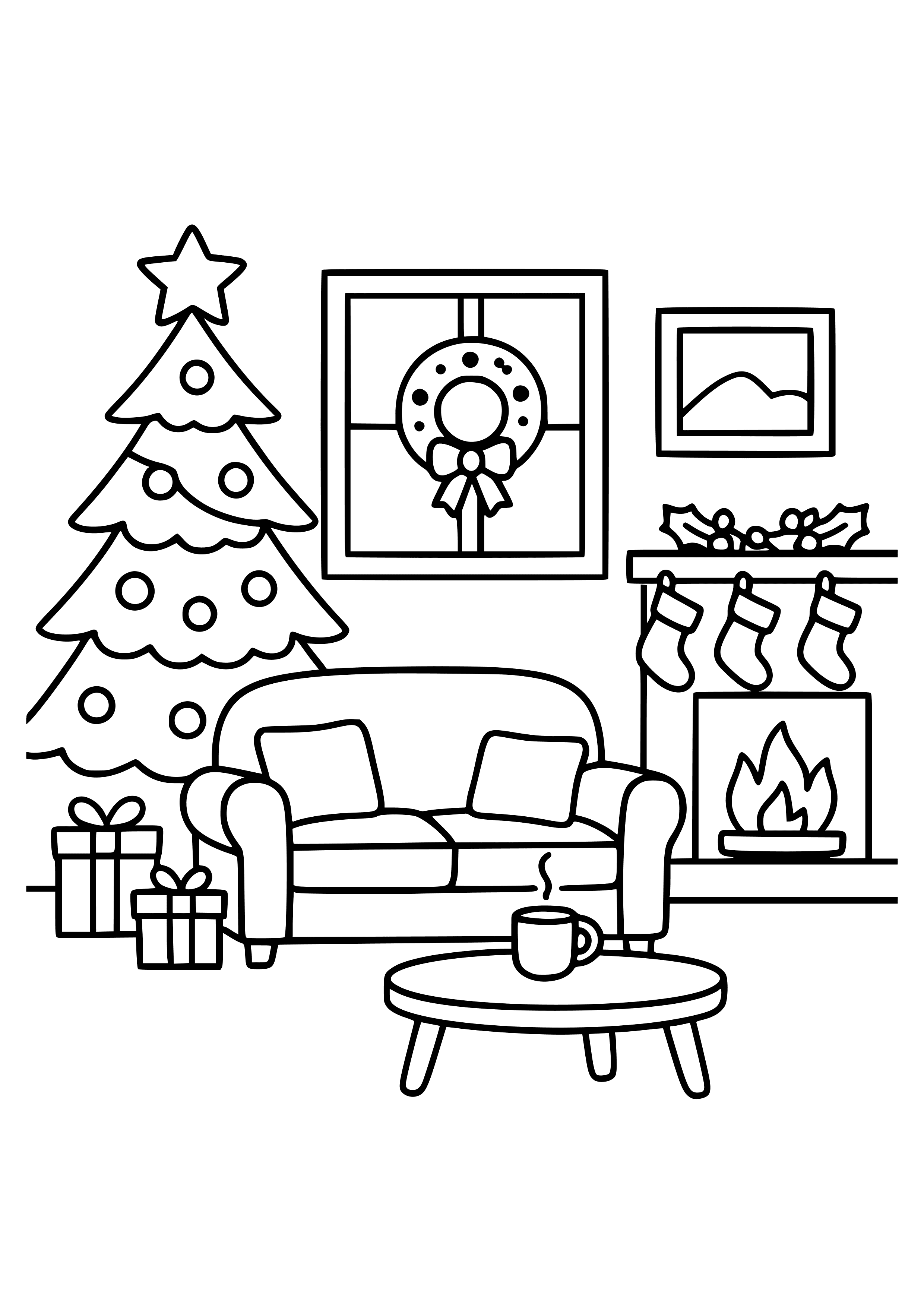 Cozy Living Room with Holiday Decor Coloring Page