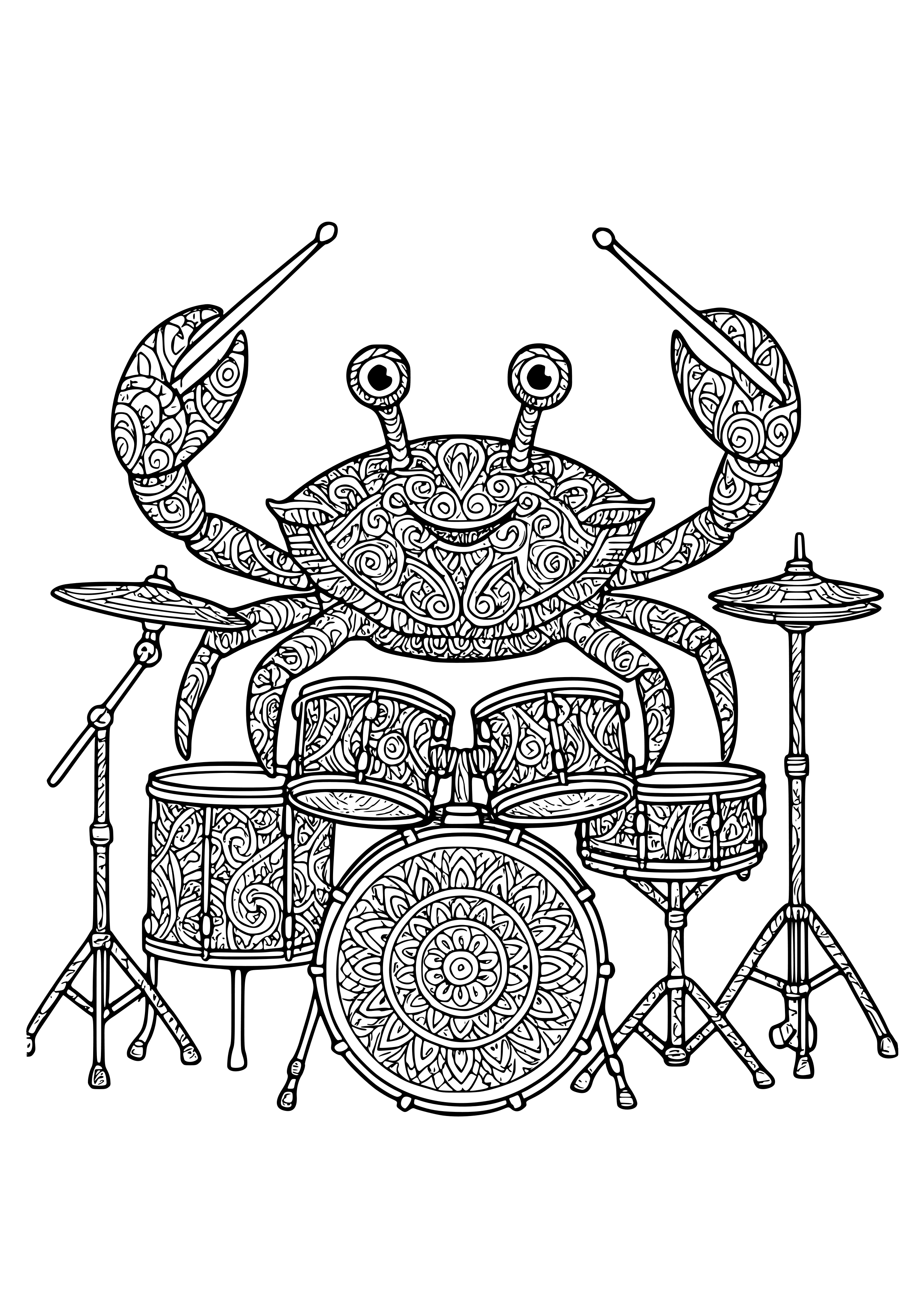 Crab Playing the Drums in a Rock Band Coloring Page