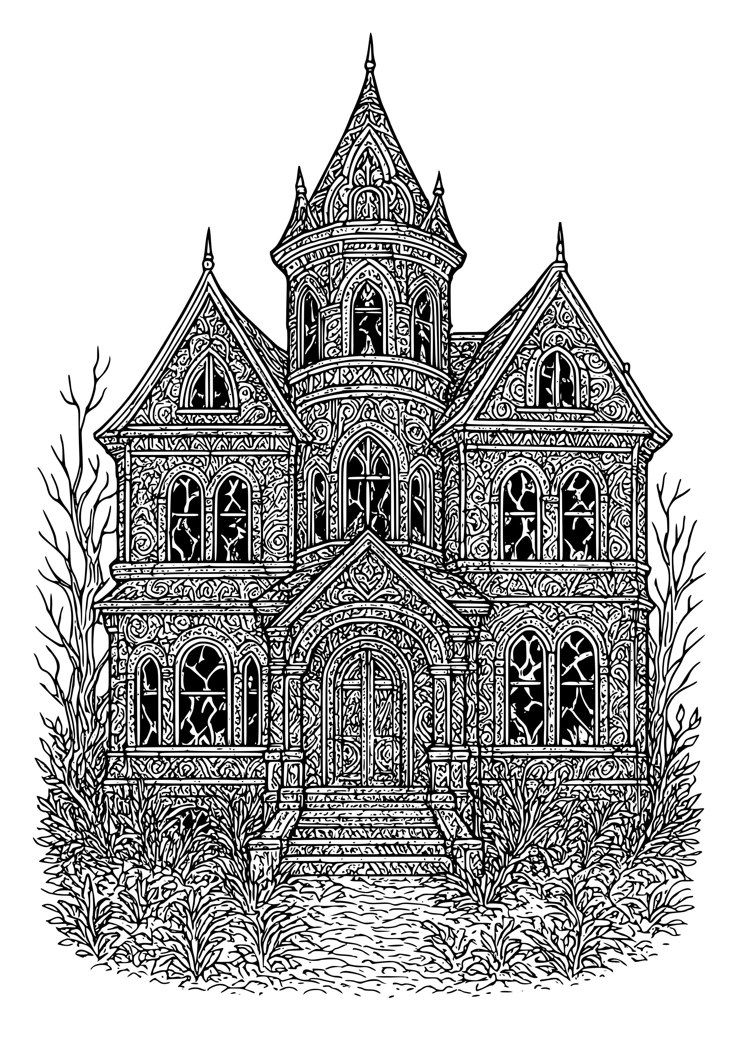 Creepy Abandoned Mansion with Broken Windows Coloring Page