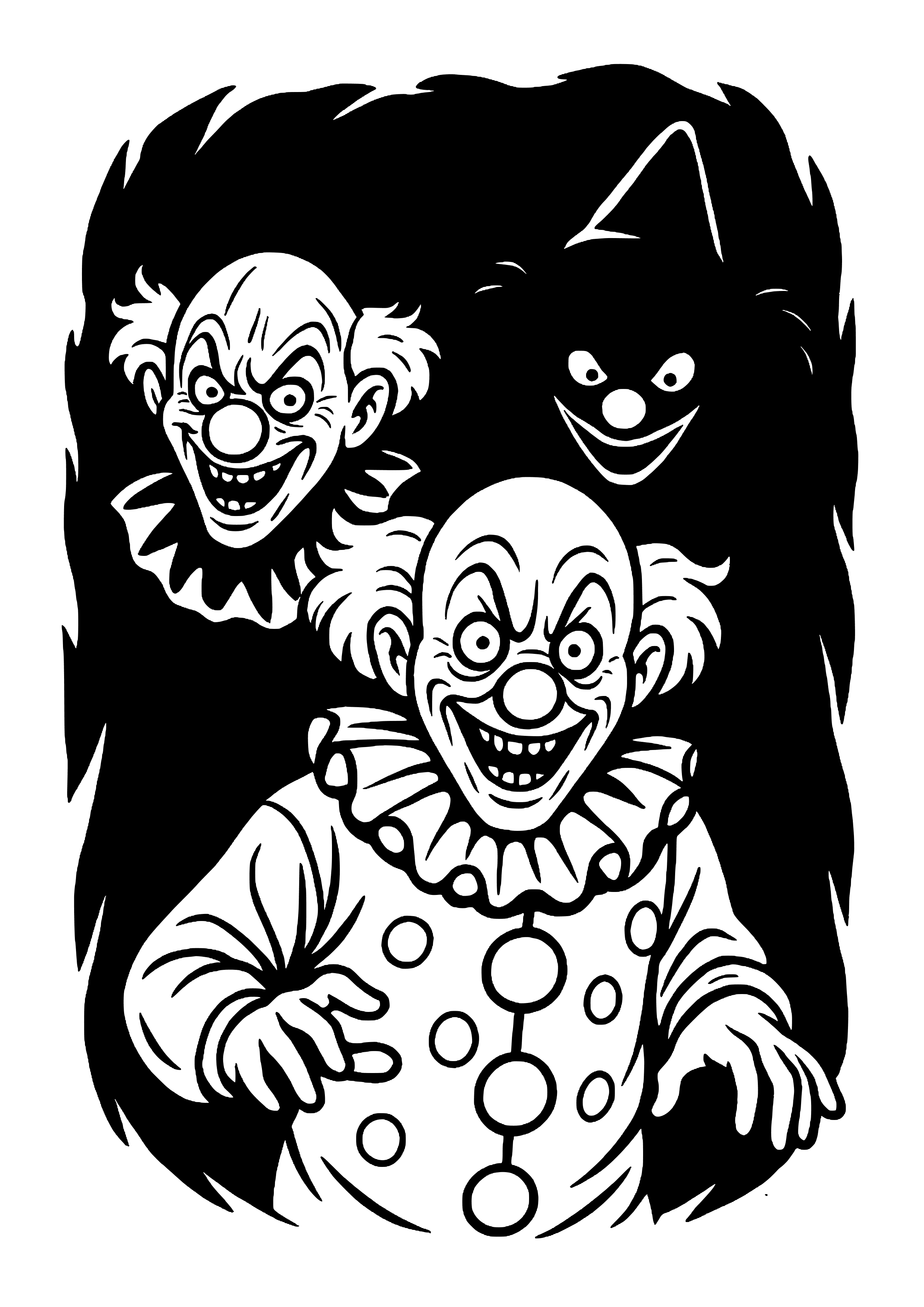 Creepy Clowns Hiding in Shadows Coloring Page