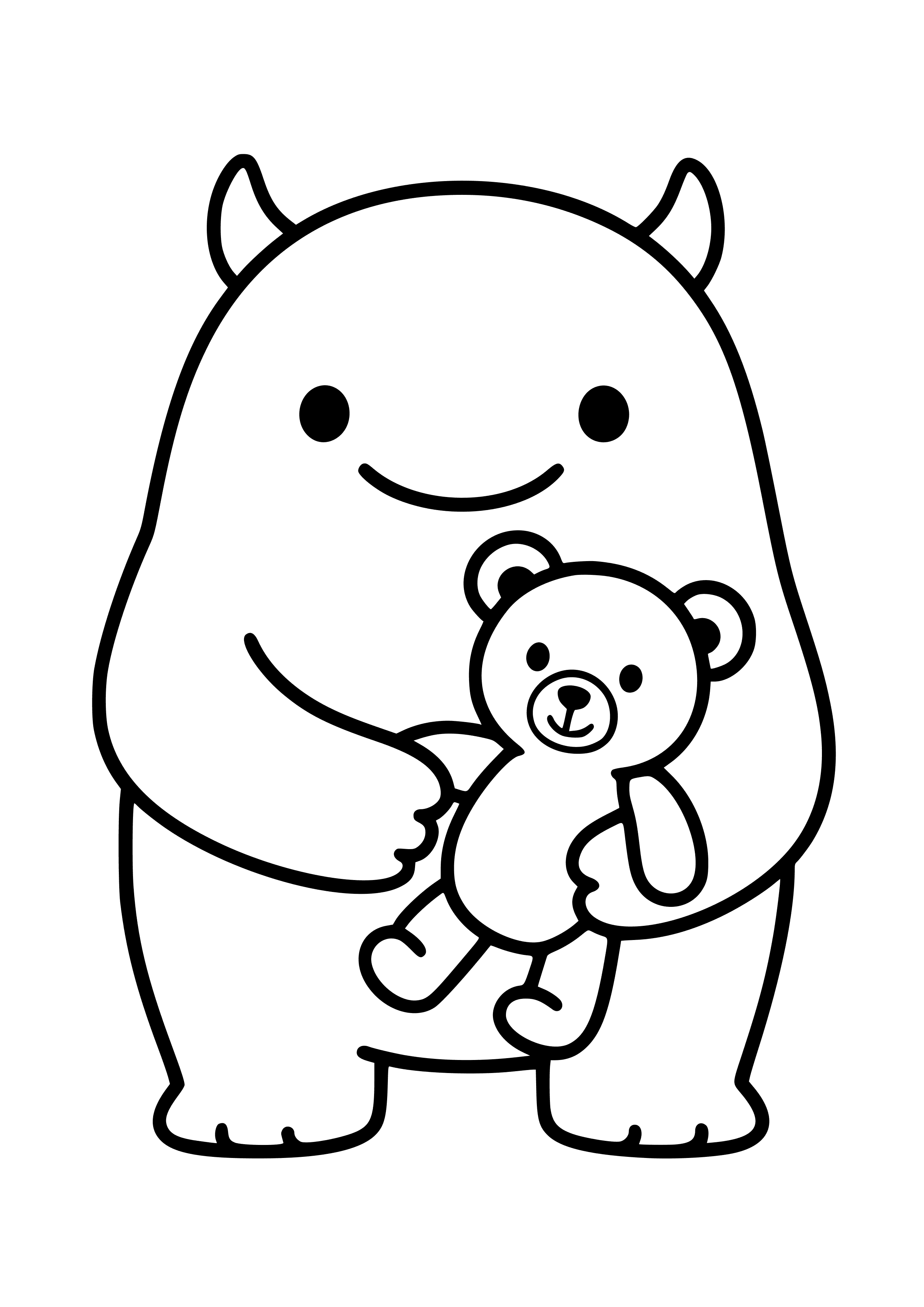 Cuddly Pink Monster Hugging a Teddy Bear Coloring Page