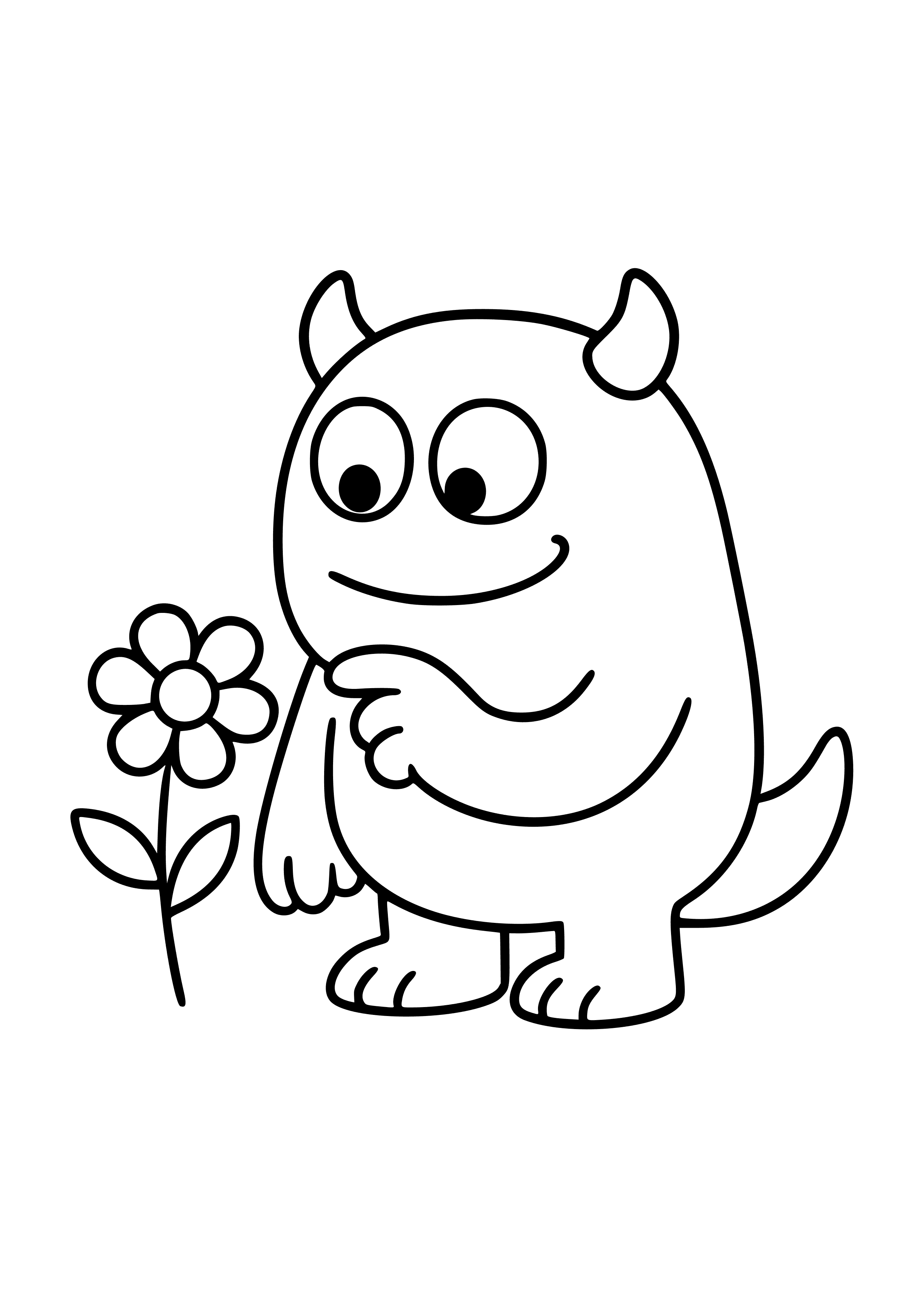 Curious Pink Monster Examining a Flower Coloring Page