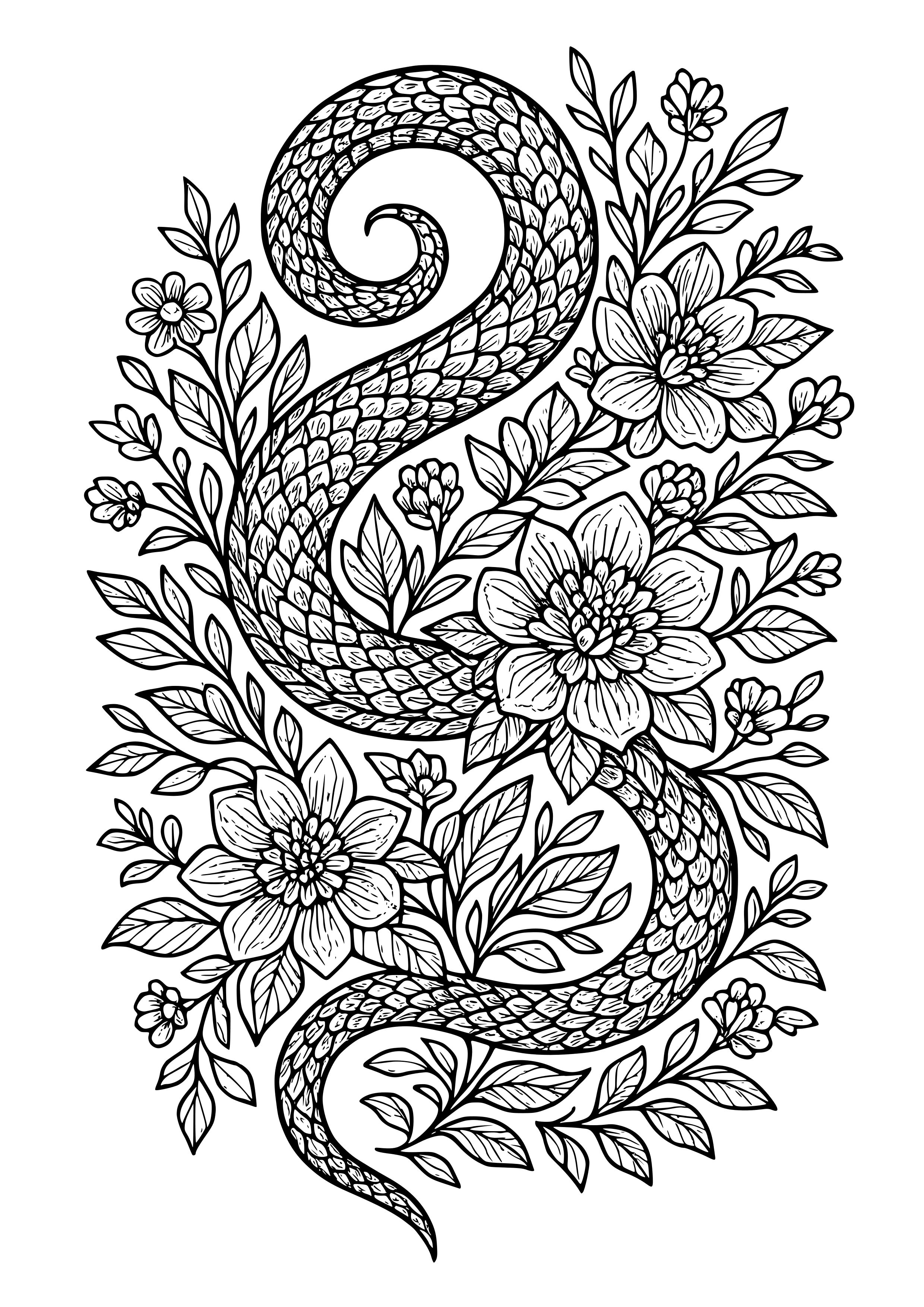 Curled Dragon Tail Entwined with Blooming Flowers Coloring Page