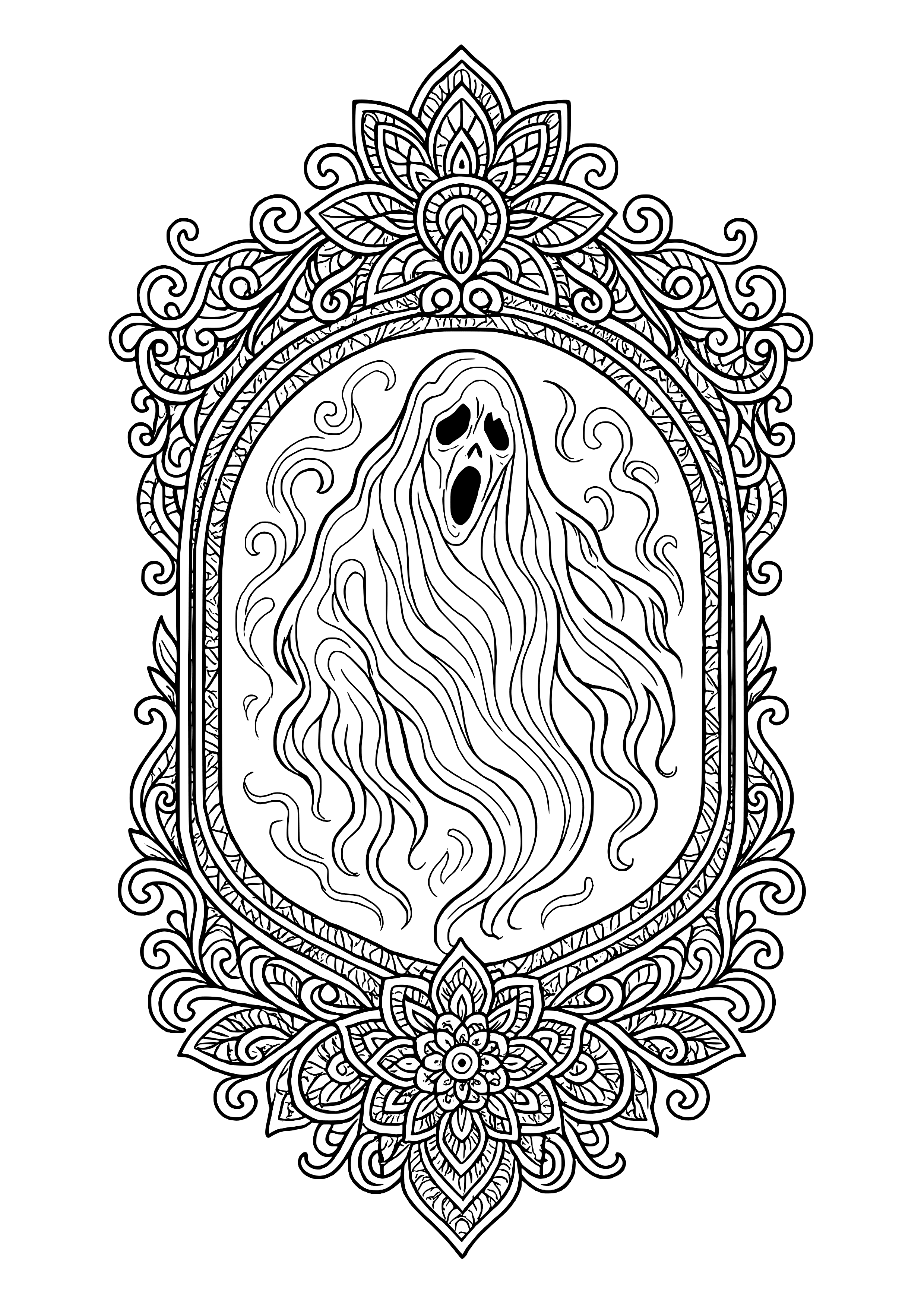 Cursed Mirror Reflecting a Ghostly Image Coloring Page