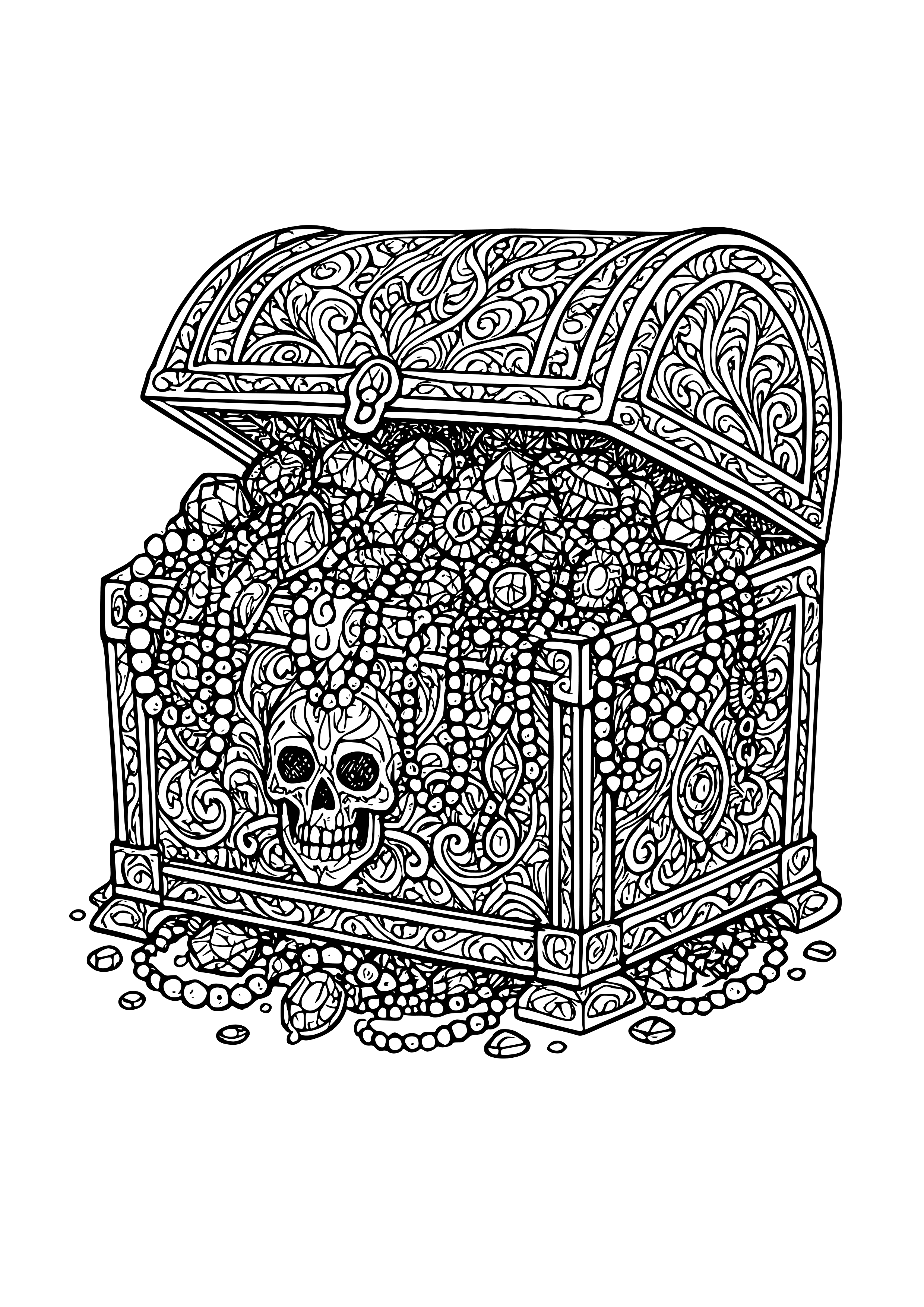 Cursed Treasure Chest Overflowing with Jewels Coloring Page