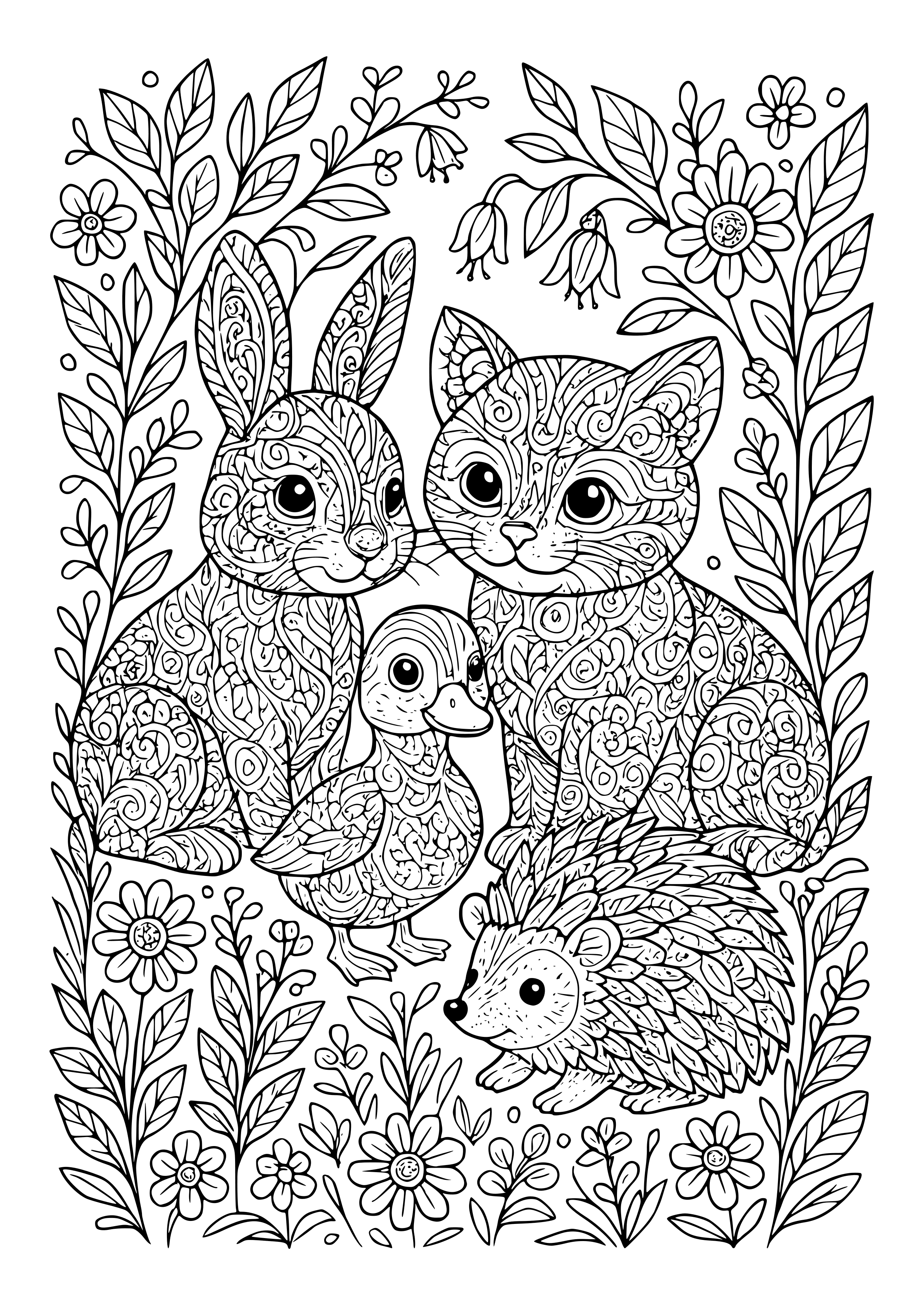 Cute Animal Friendships in a Garden Coloring Page