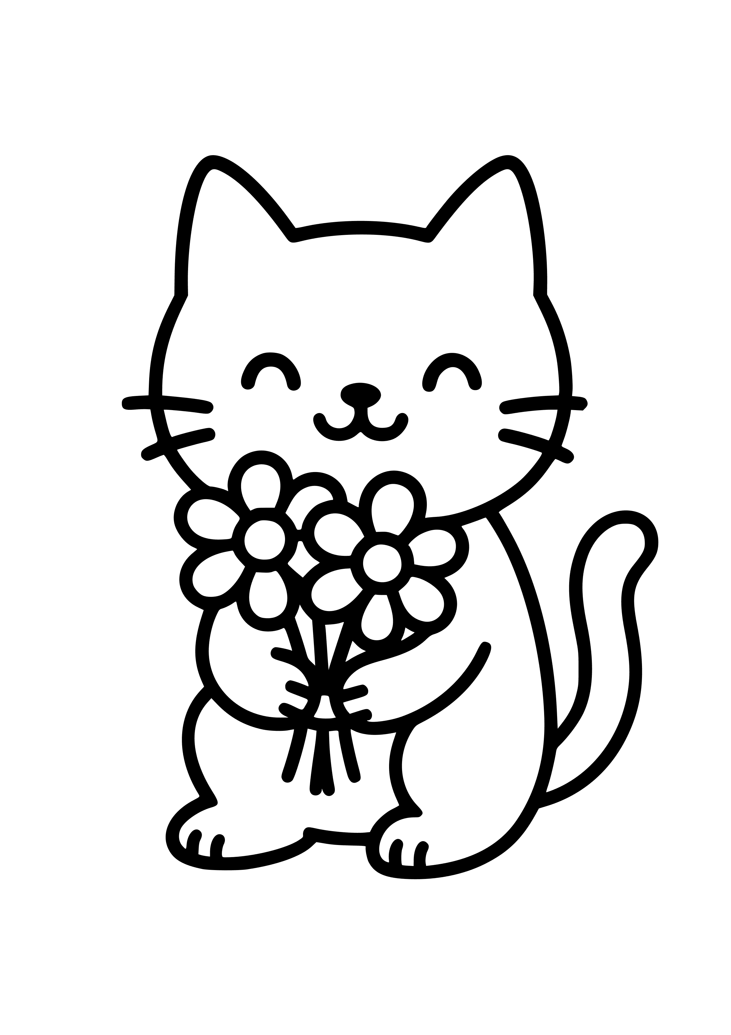 Cute Cat Bringing Flowers Coloring Page