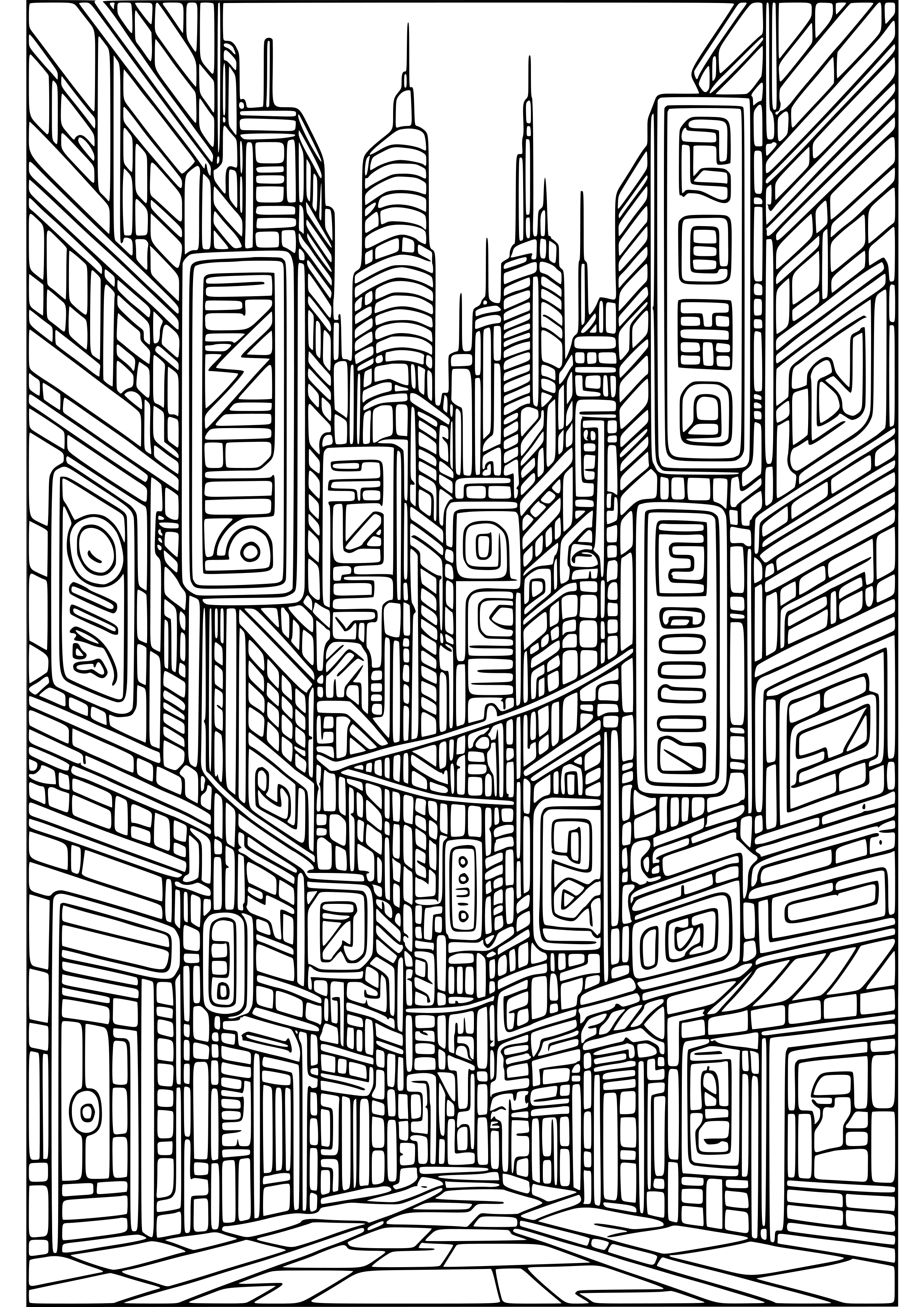 Cyberpunk City with Neon Signs Coloring Page