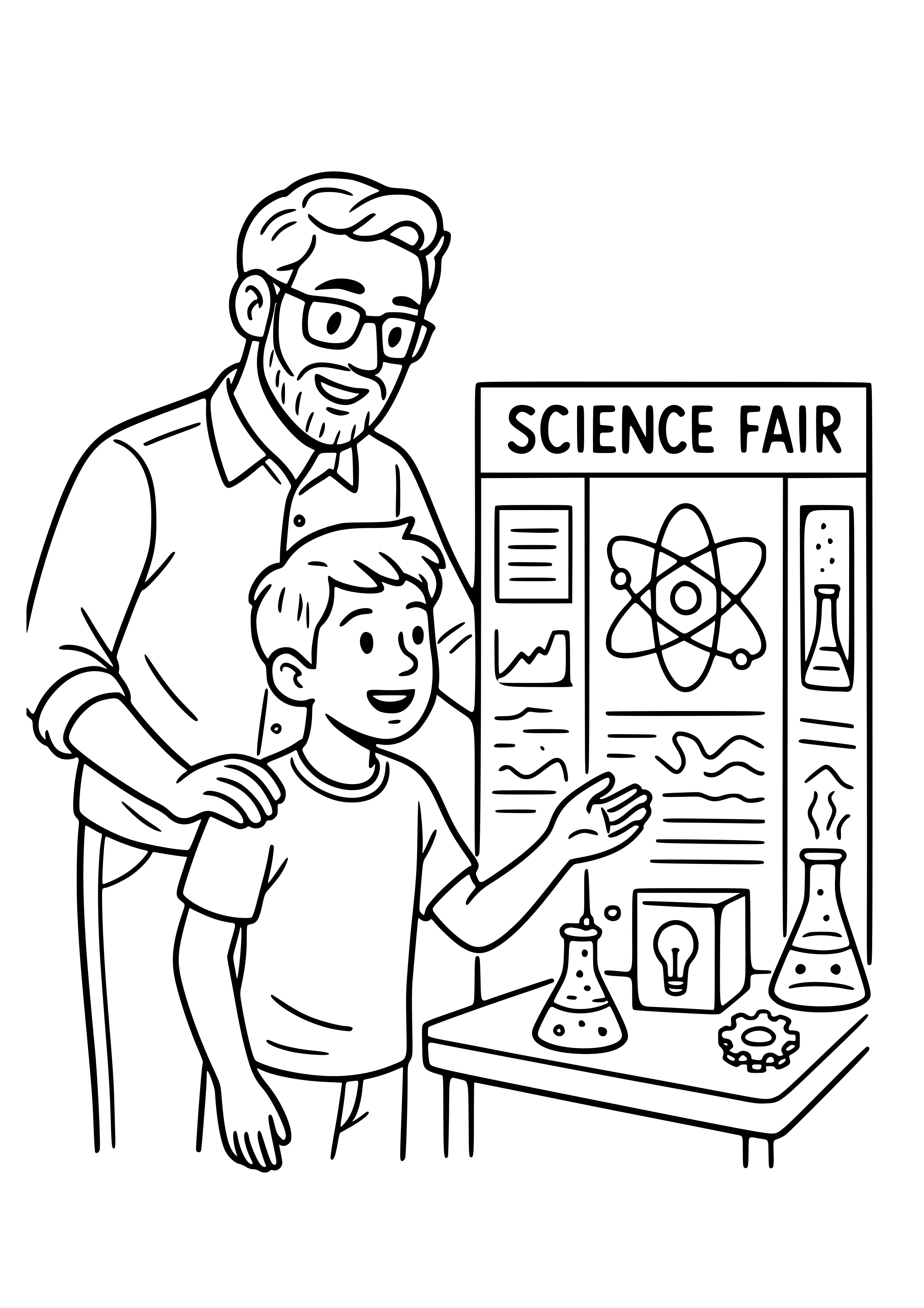 Dad and Child at a Science Fair Coloring Page