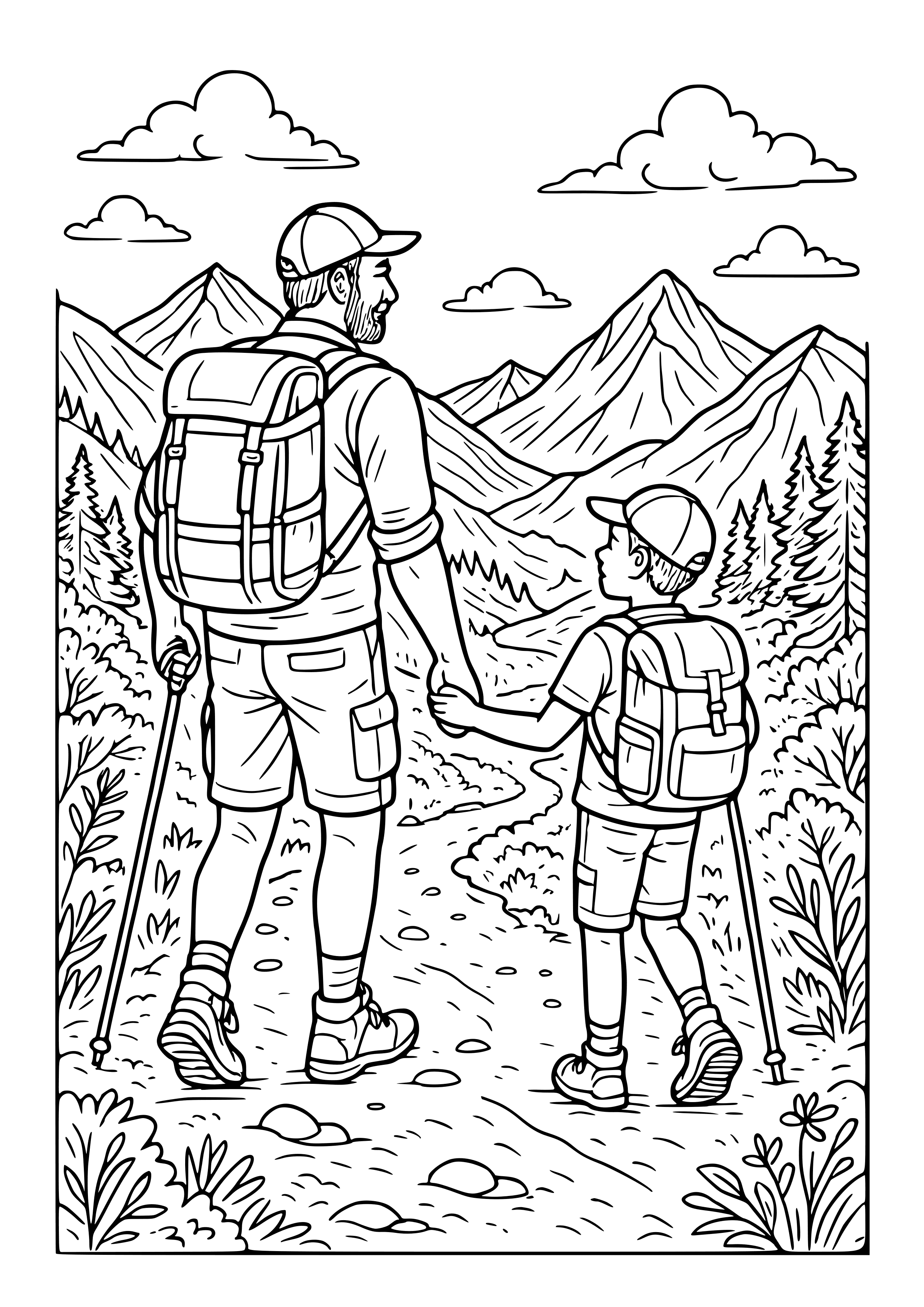 Dad and Child Hiking in the Mountains Coloring Page