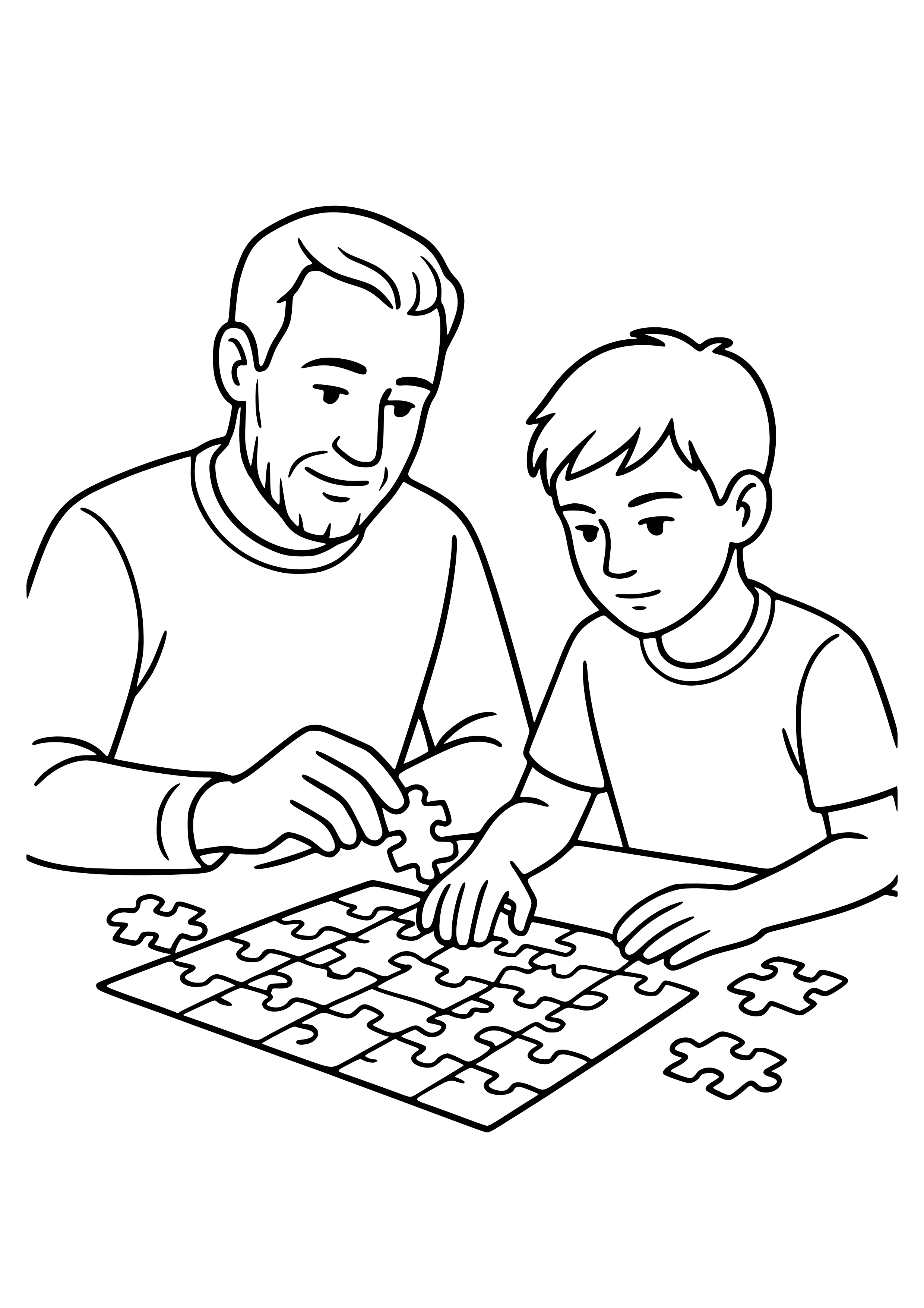 Dad and Child Solving a Puzzle Coloring Page