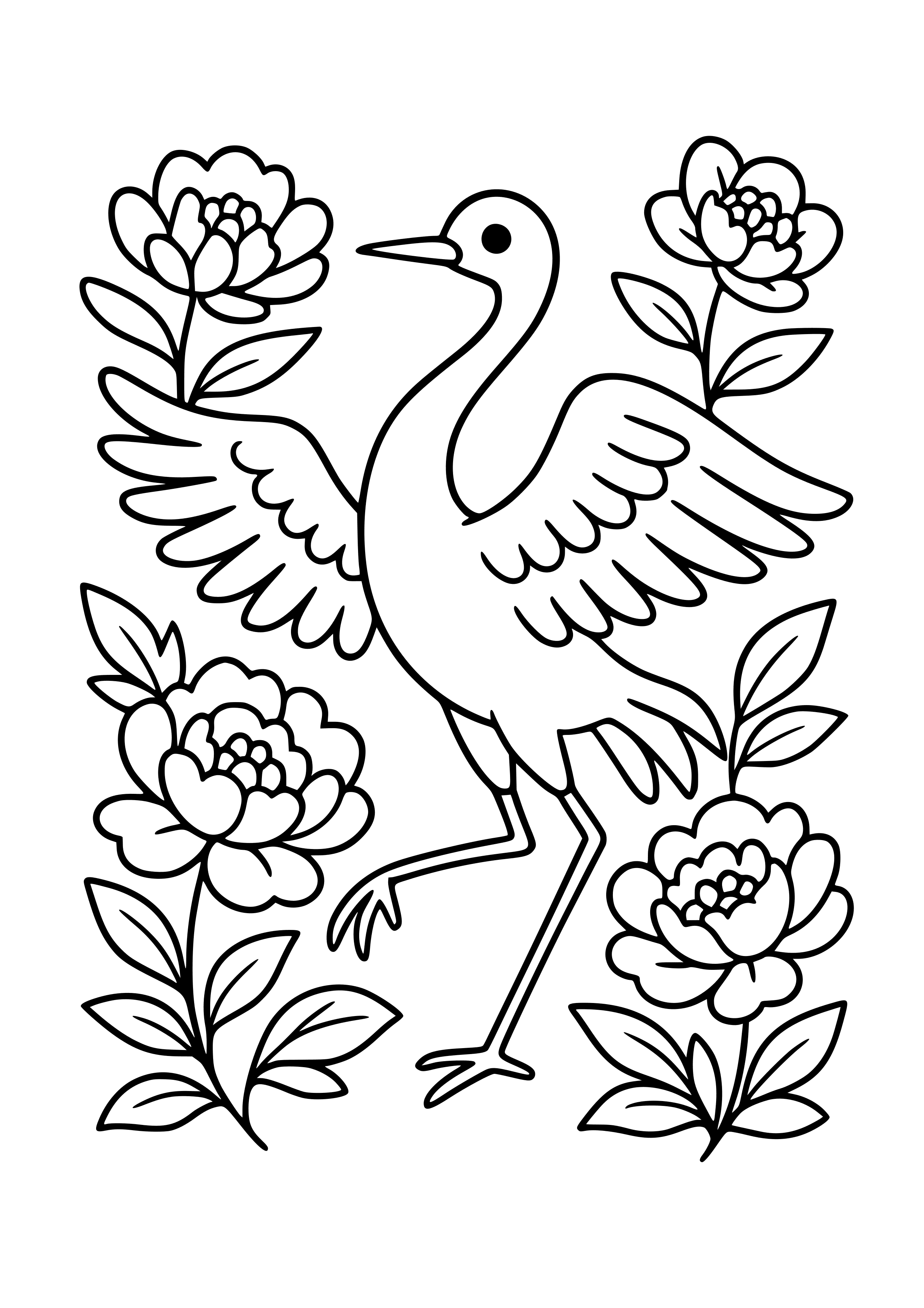 Dancing Crane Amidst Blooming Peonies Coloring Page