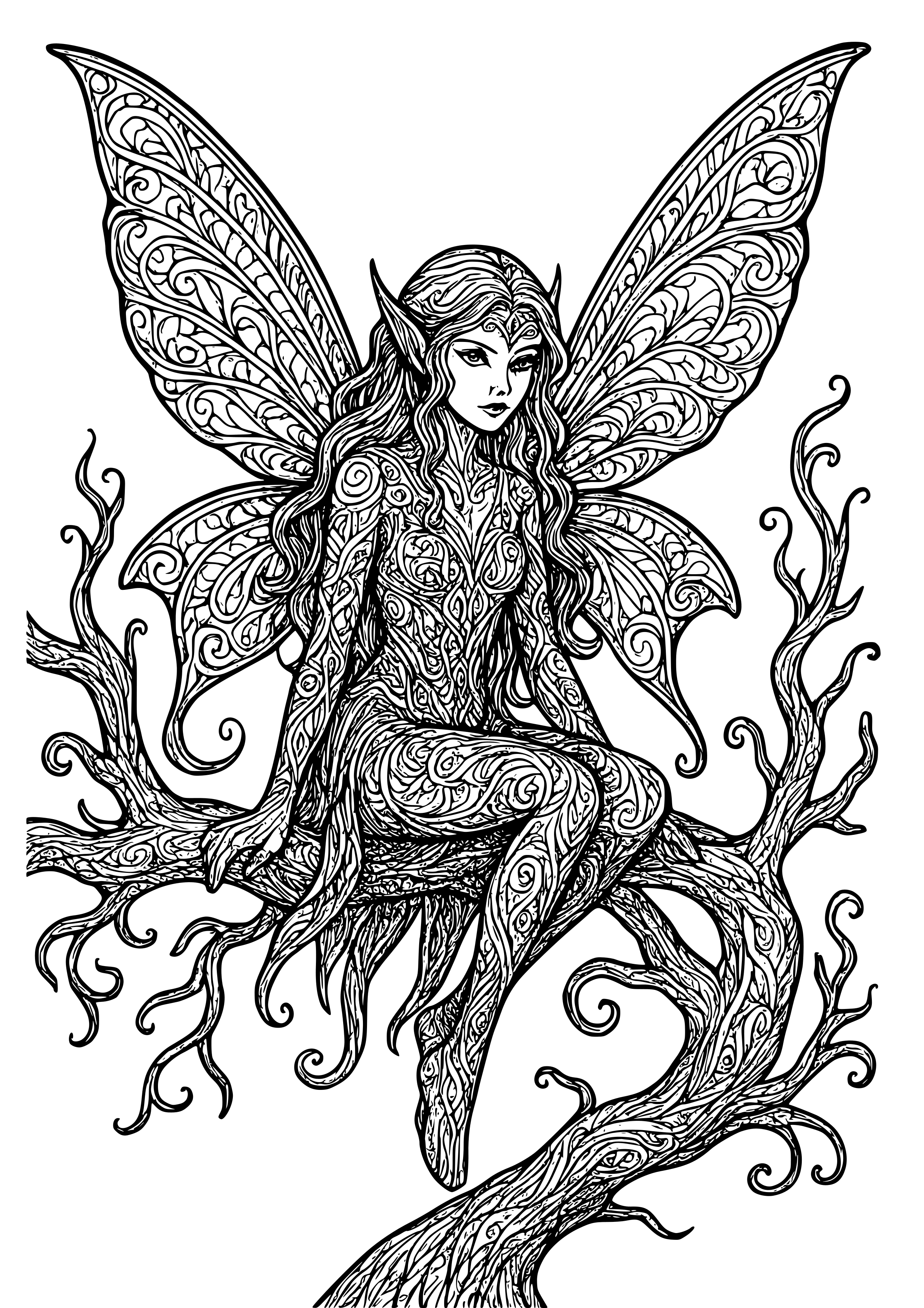 Dark Fairy Sitting on a Twisted Branch Coloring Page