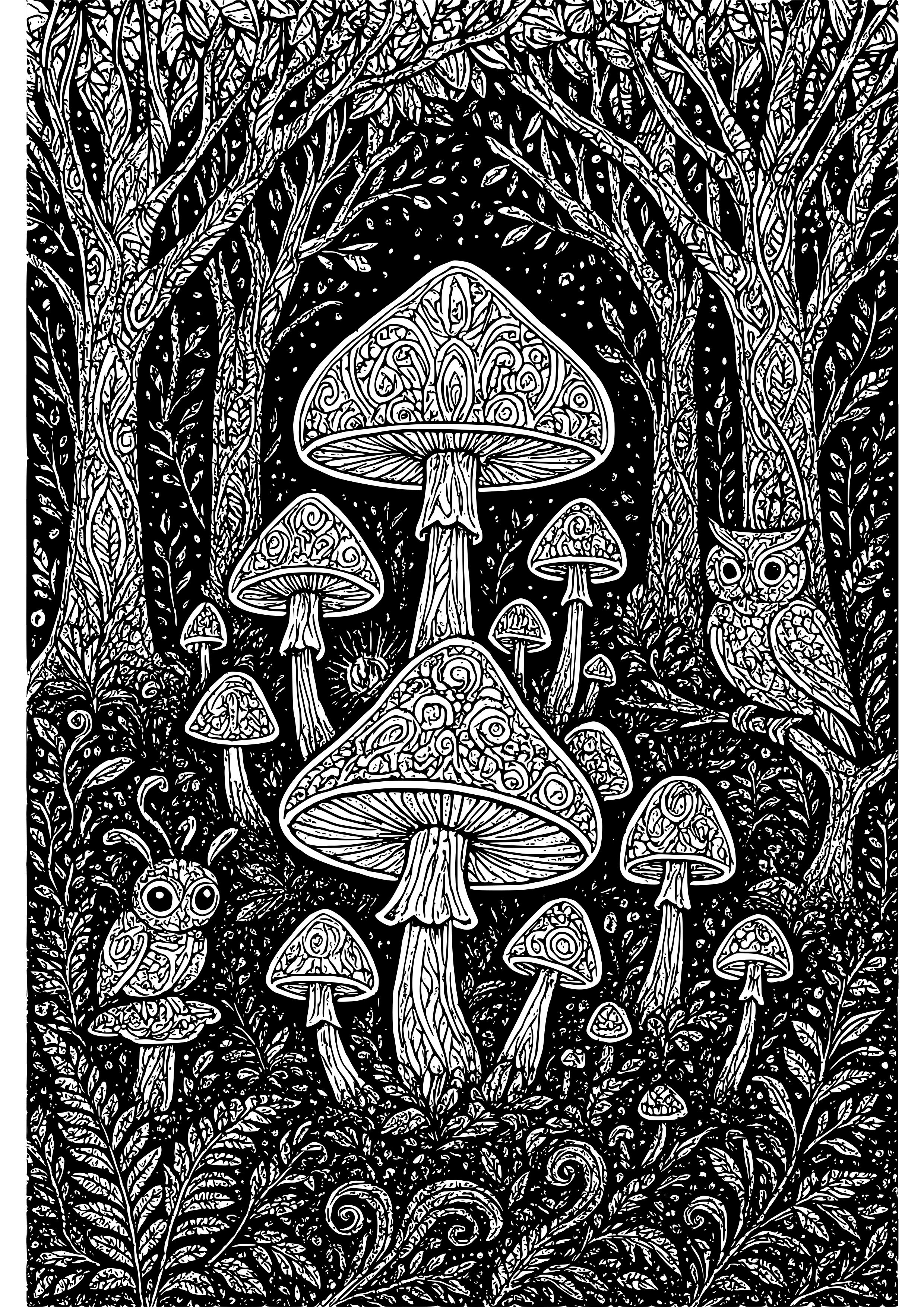 Dark Forest with Glowing Mushrooms and Creatures Coloring Page
