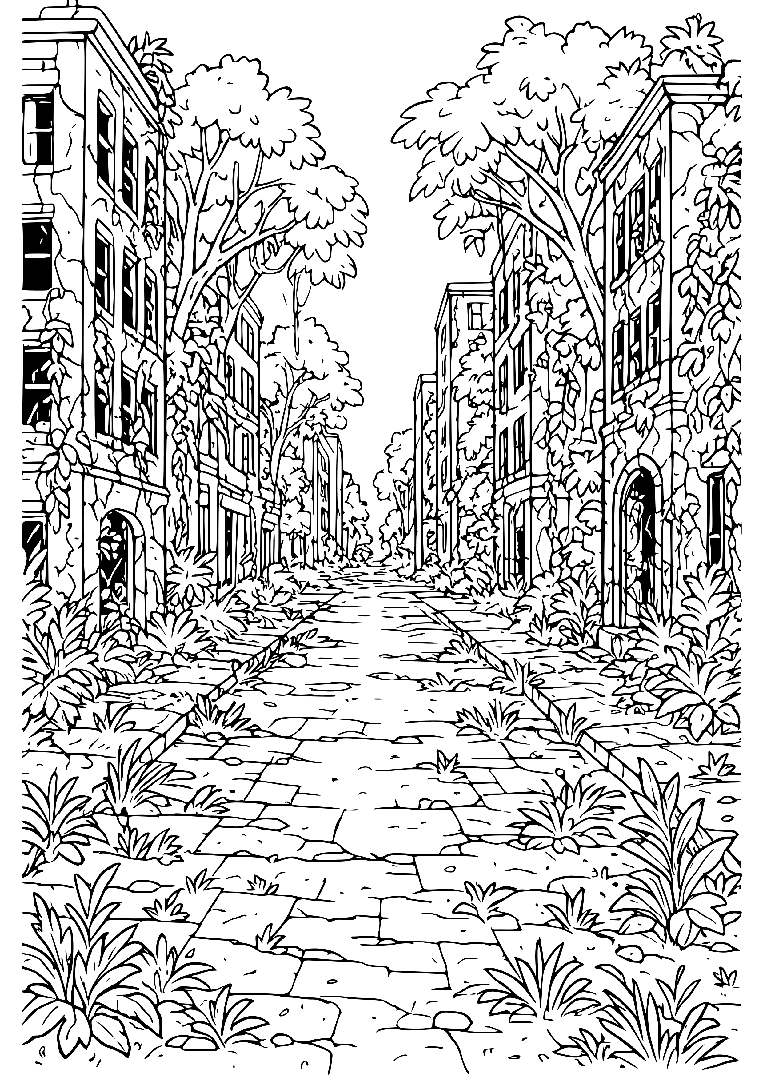 Deserted City Street Overgrown with Plants Coloring Page
