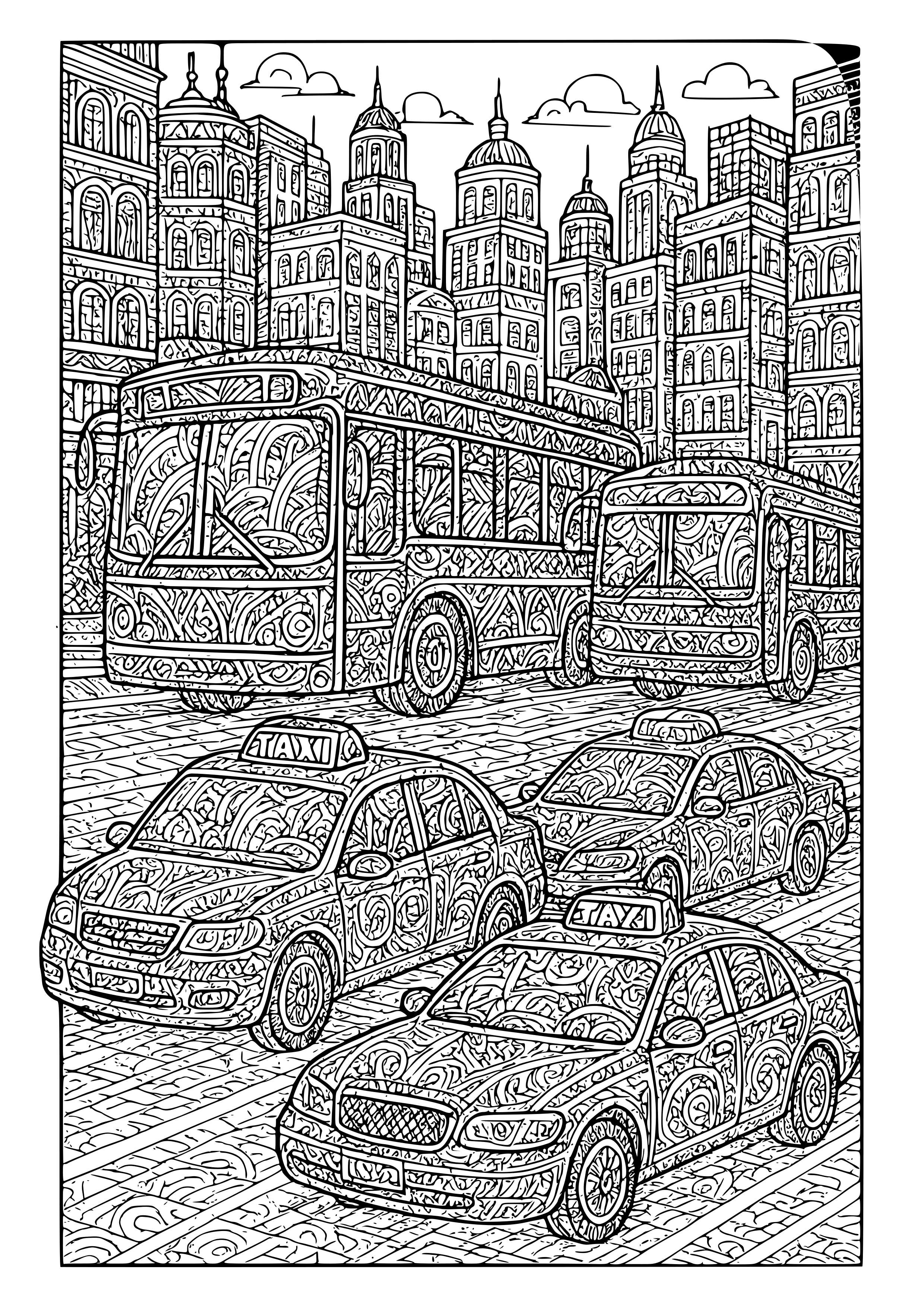 Detailed Cityscape with Buses and Taxis Coloring Page