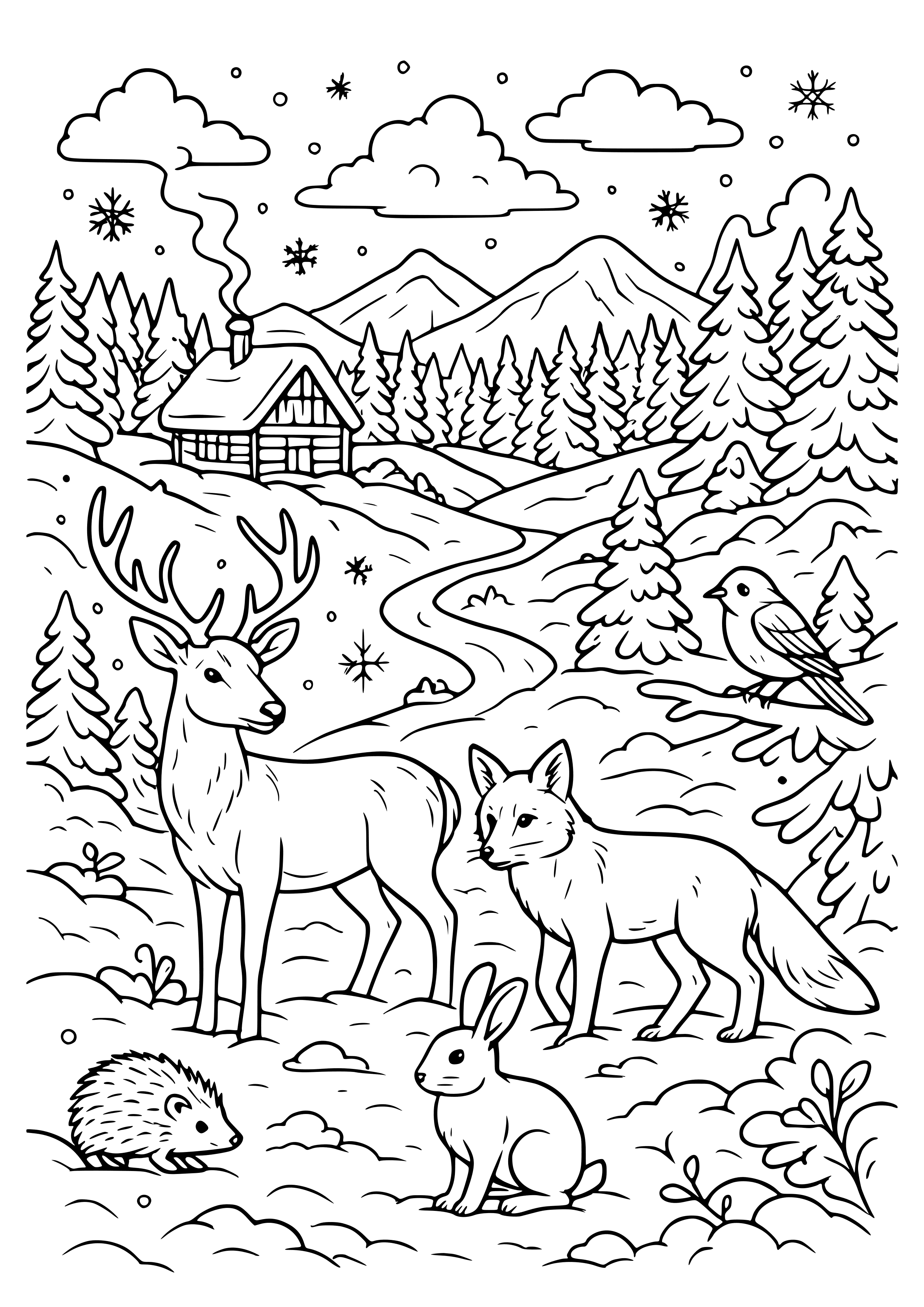 Detailed Snowy Landscape with Animals Coloring Page