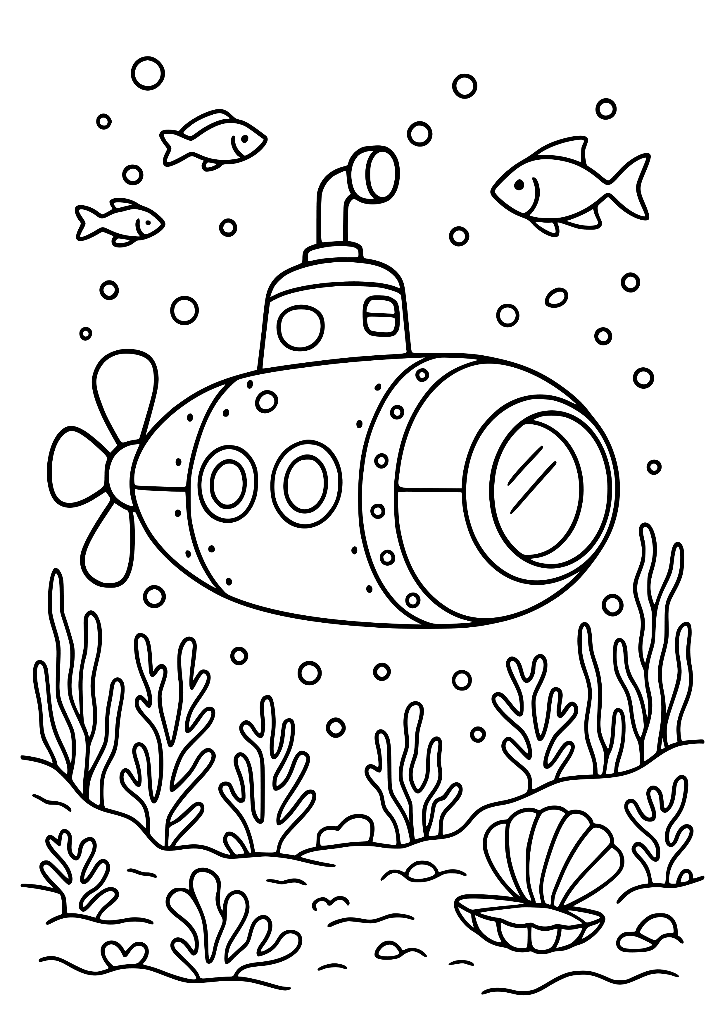 Detailed Submarine Exploring the Ocean Coloring Page
