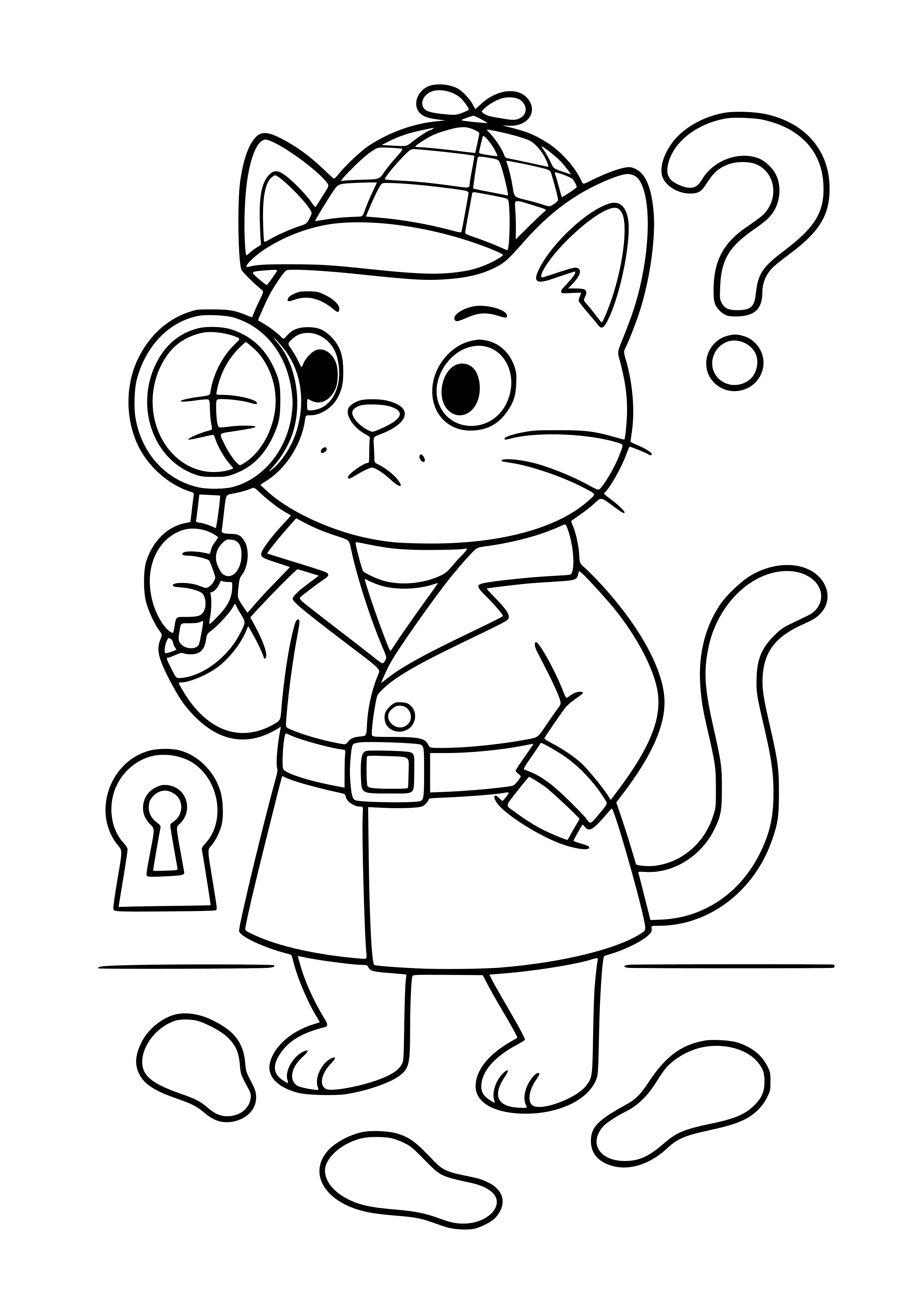 Detective Cat Solving a Mystery Coloring Page