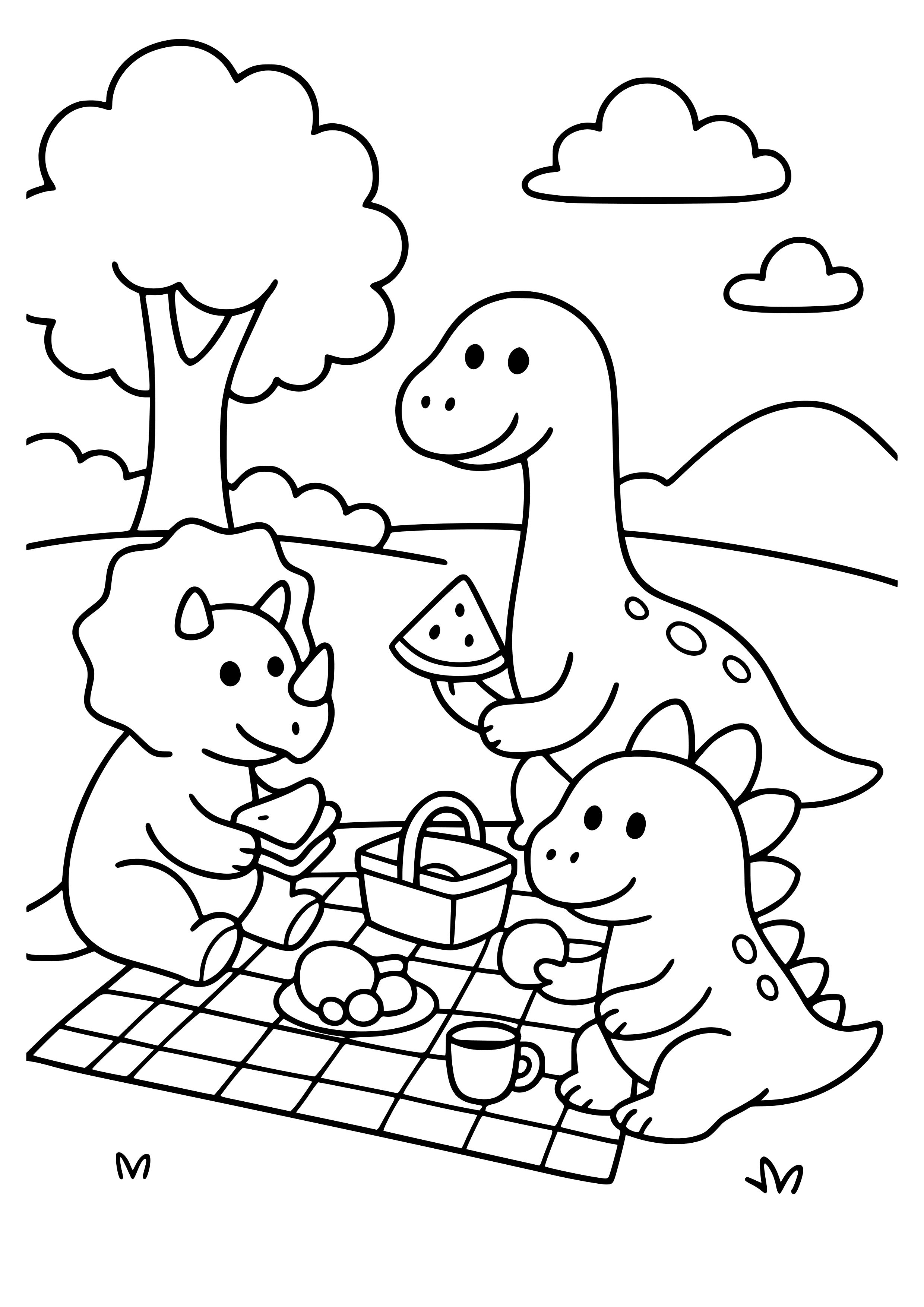 Dino Family Picnic in a Park Coloring Page