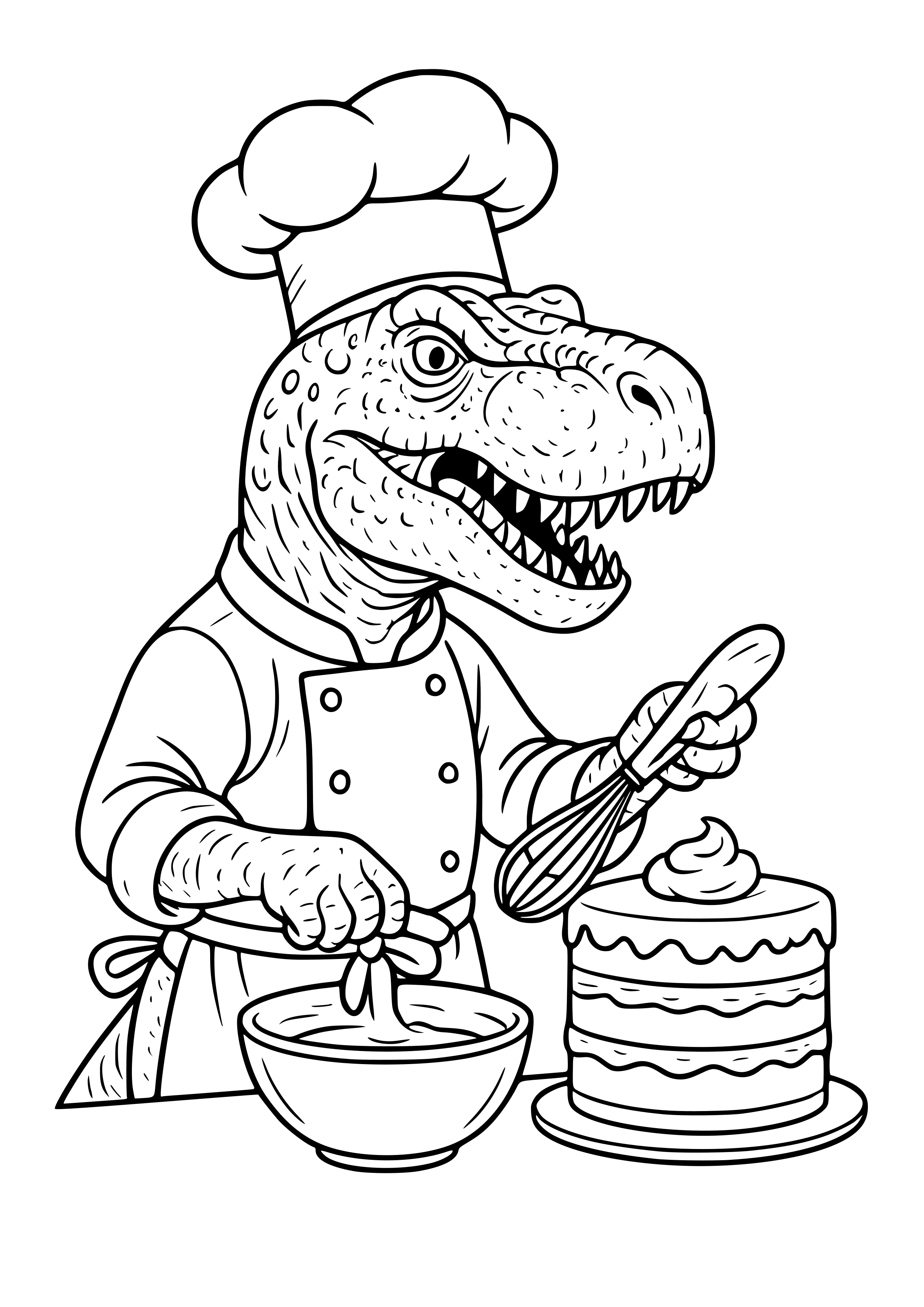 Dinosaur Chef Baking a Cake Coloring Page