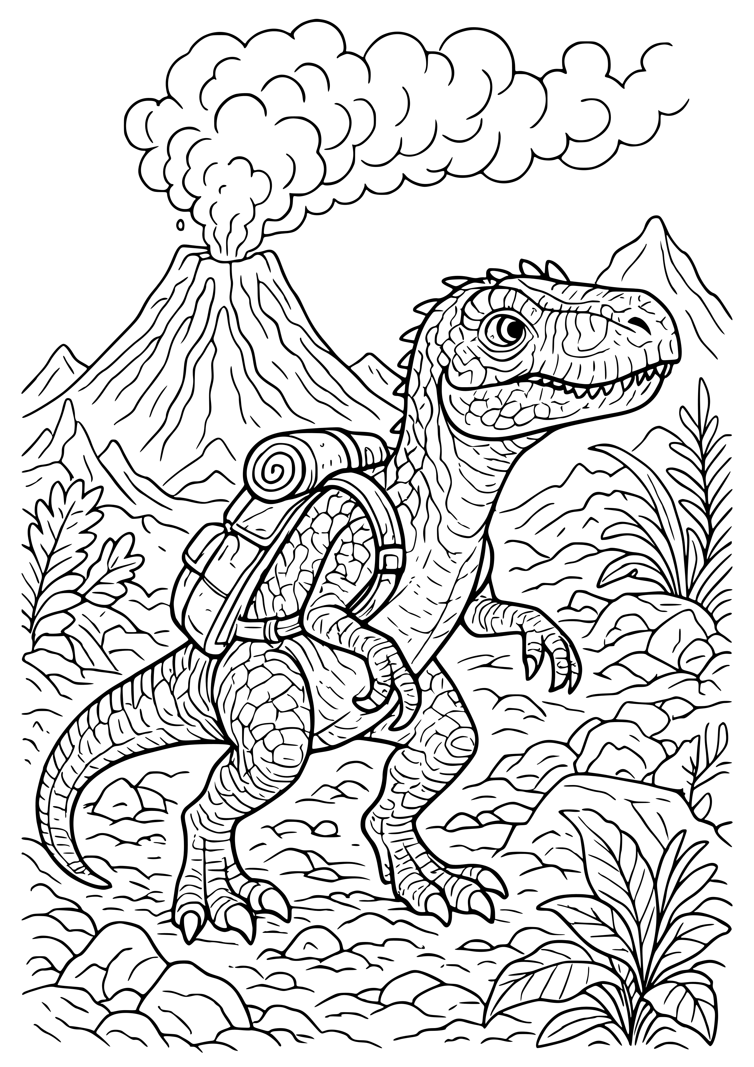 Dinosaur Exploring a Volcano Coloring Page