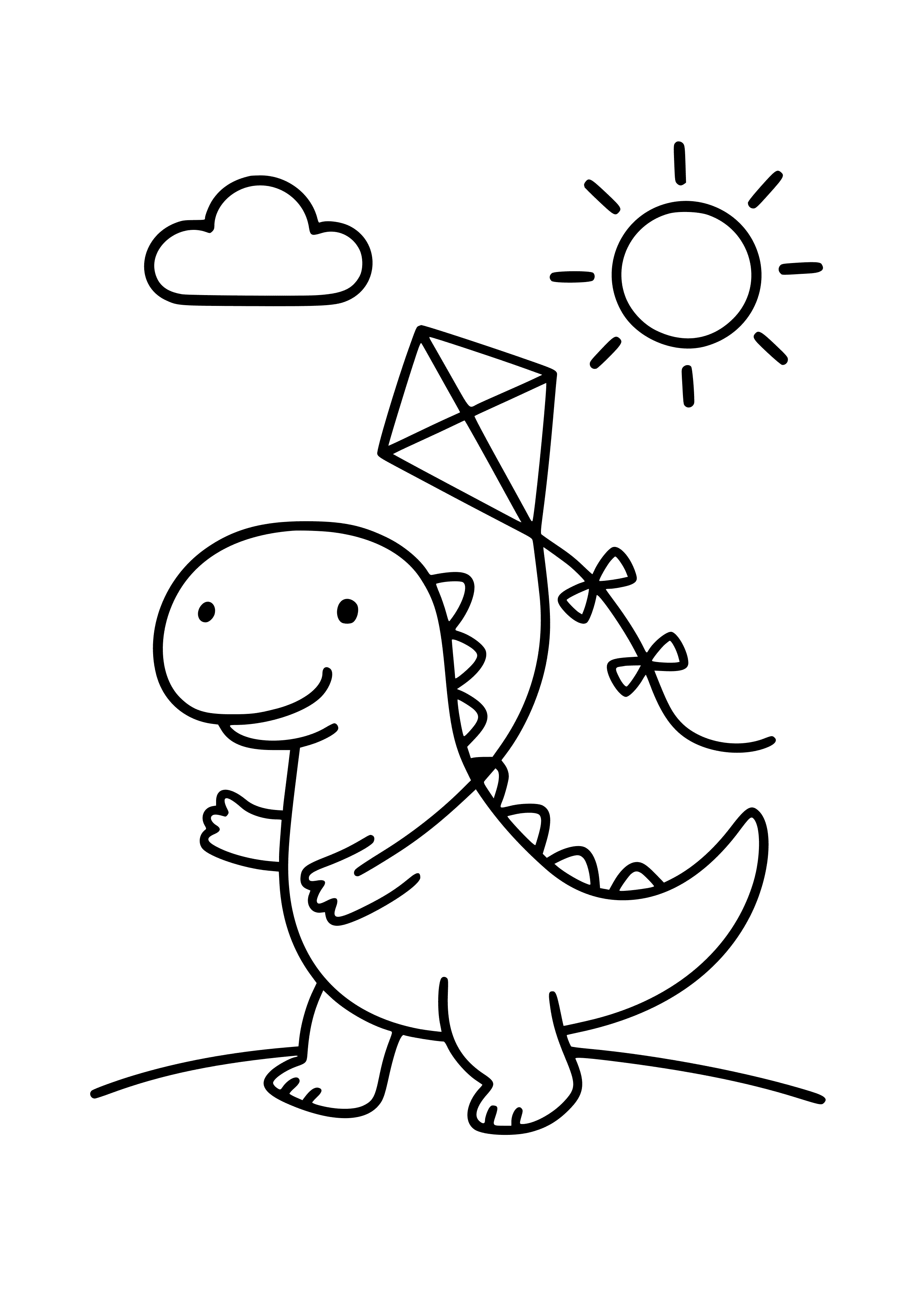 Dinosaur Flying a Kite on a Sunny Day Coloring Page