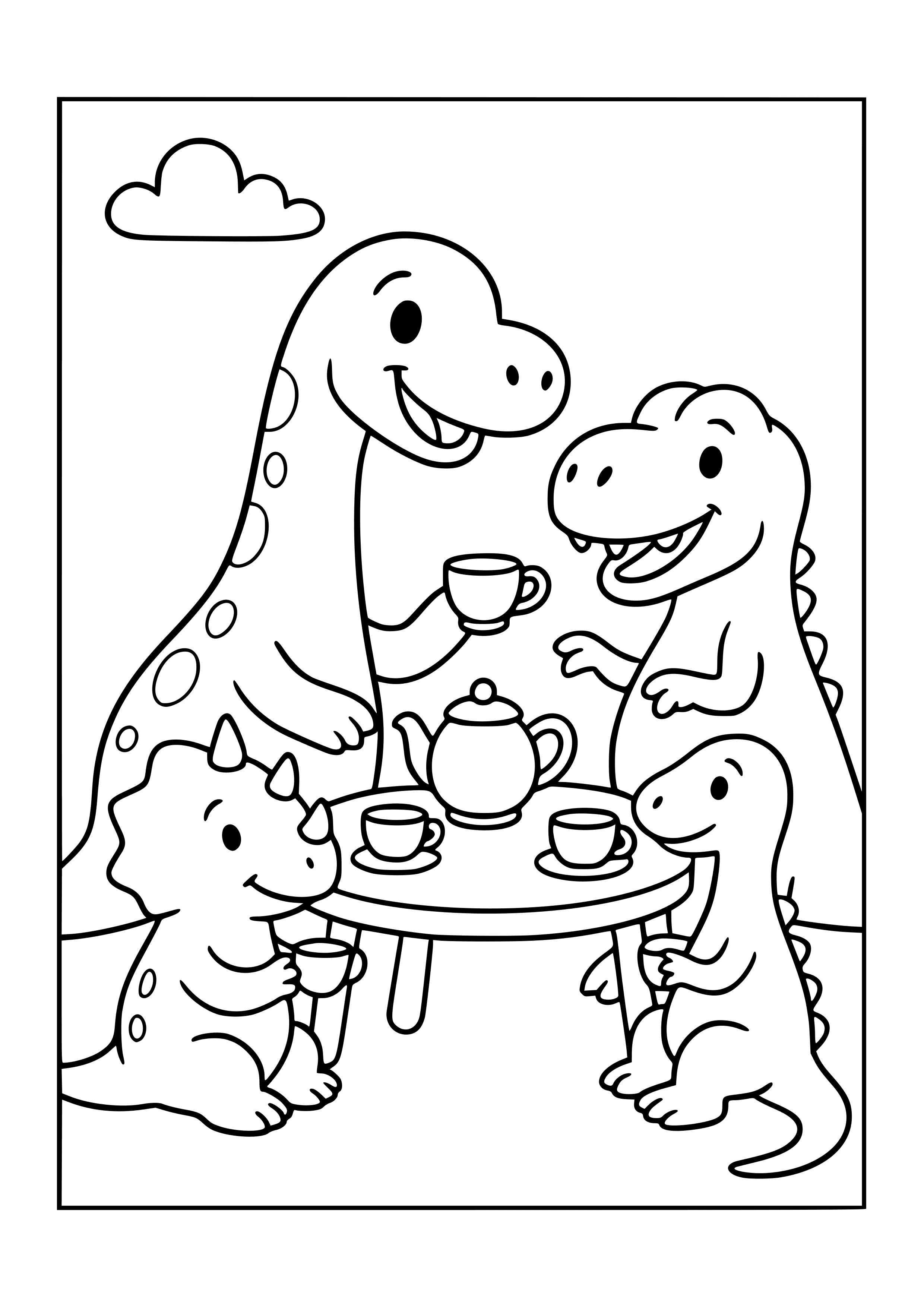 Dinosaur Having a Tea Party with Friends Coloring Page