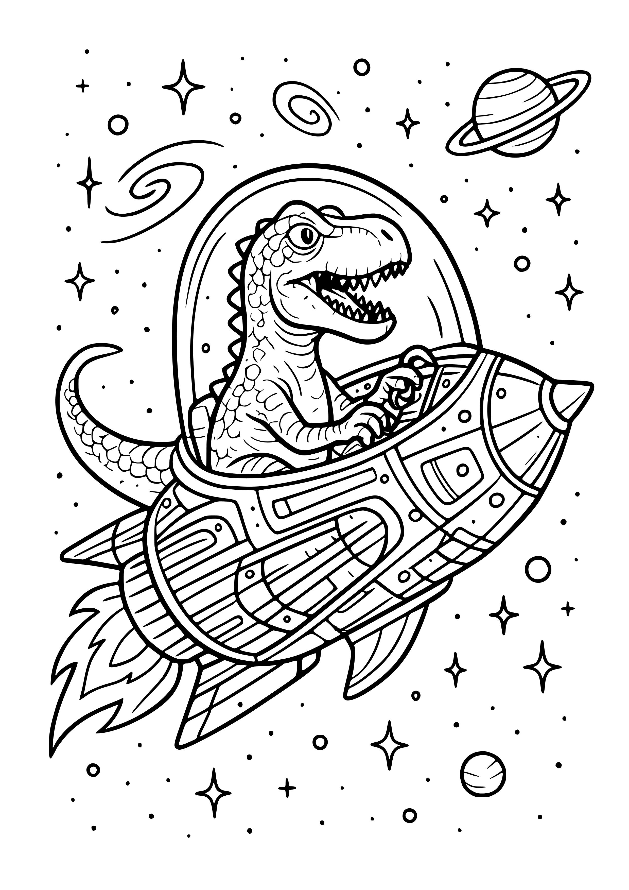 Dinosaur in a Spaceship on a Journey Coloring Page