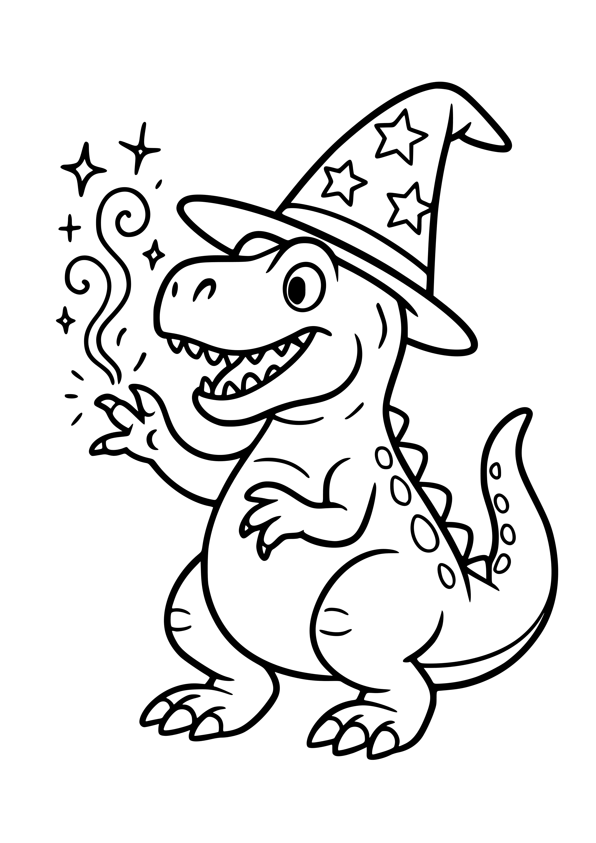 Dinosaur in a Wizard Hat Casting Spells Coloring Page