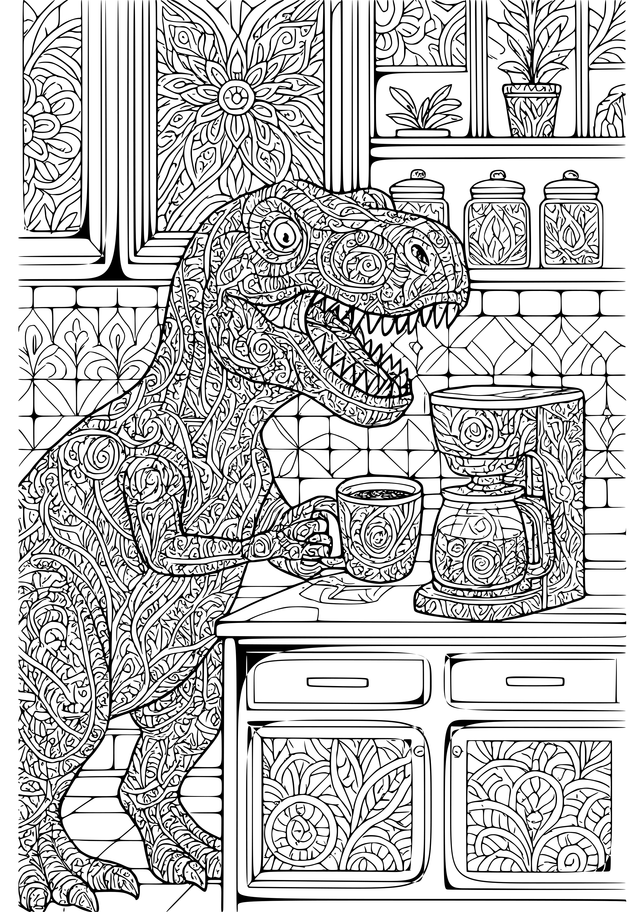 Dinosaur Making Coffee in a Modern Kitchen Coloring Page