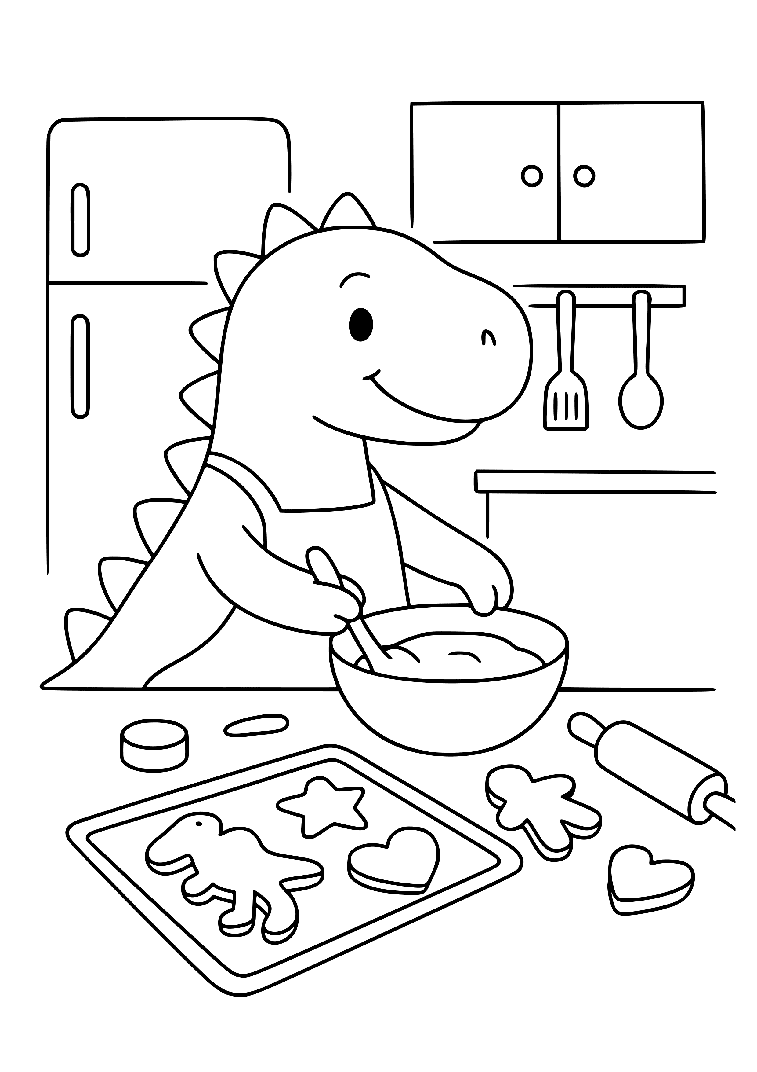 Dinosaur Making Cookies in the Kitchen Coloring Page