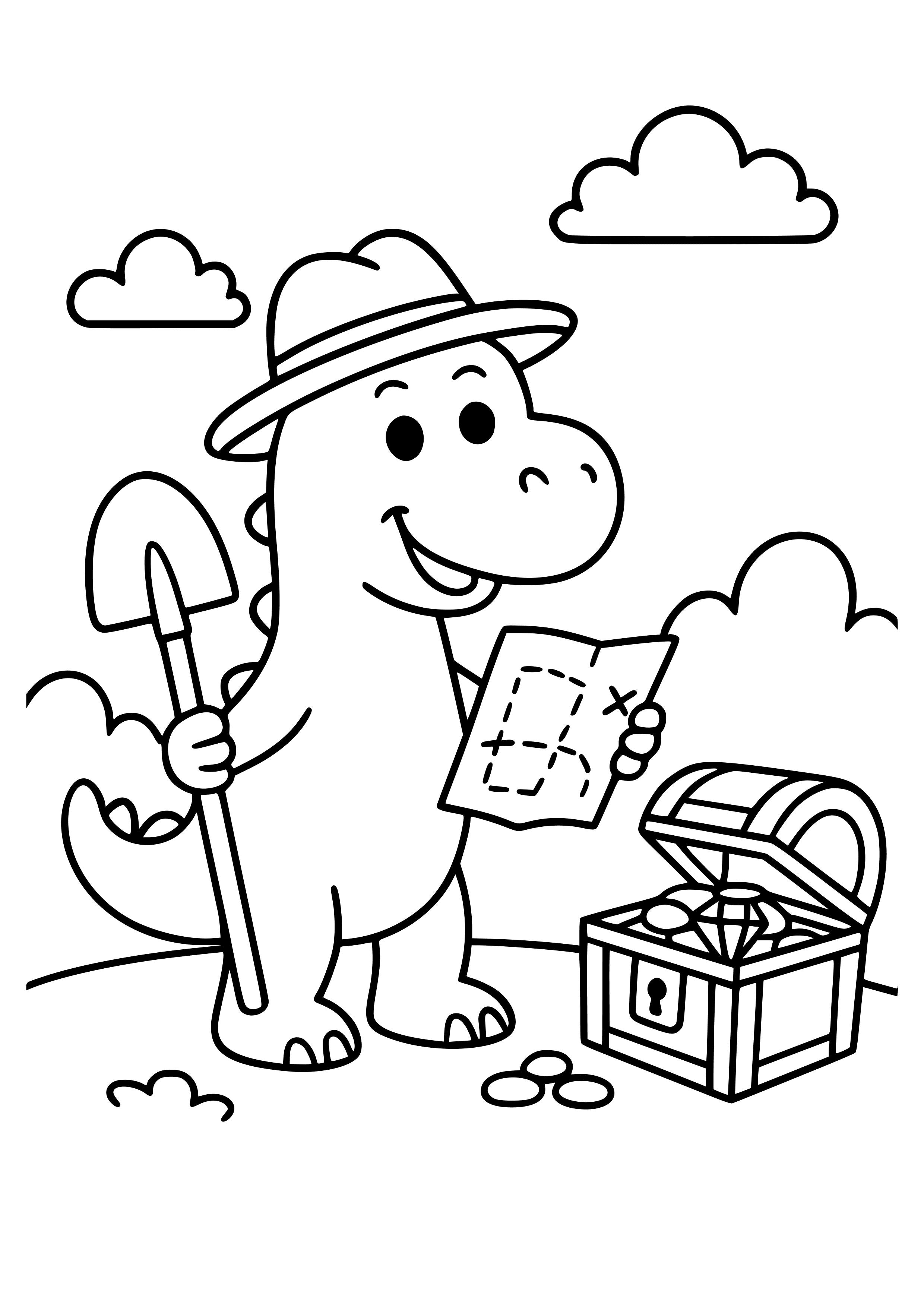 Dinosaur on a Treasure Hunt Coloring Page
