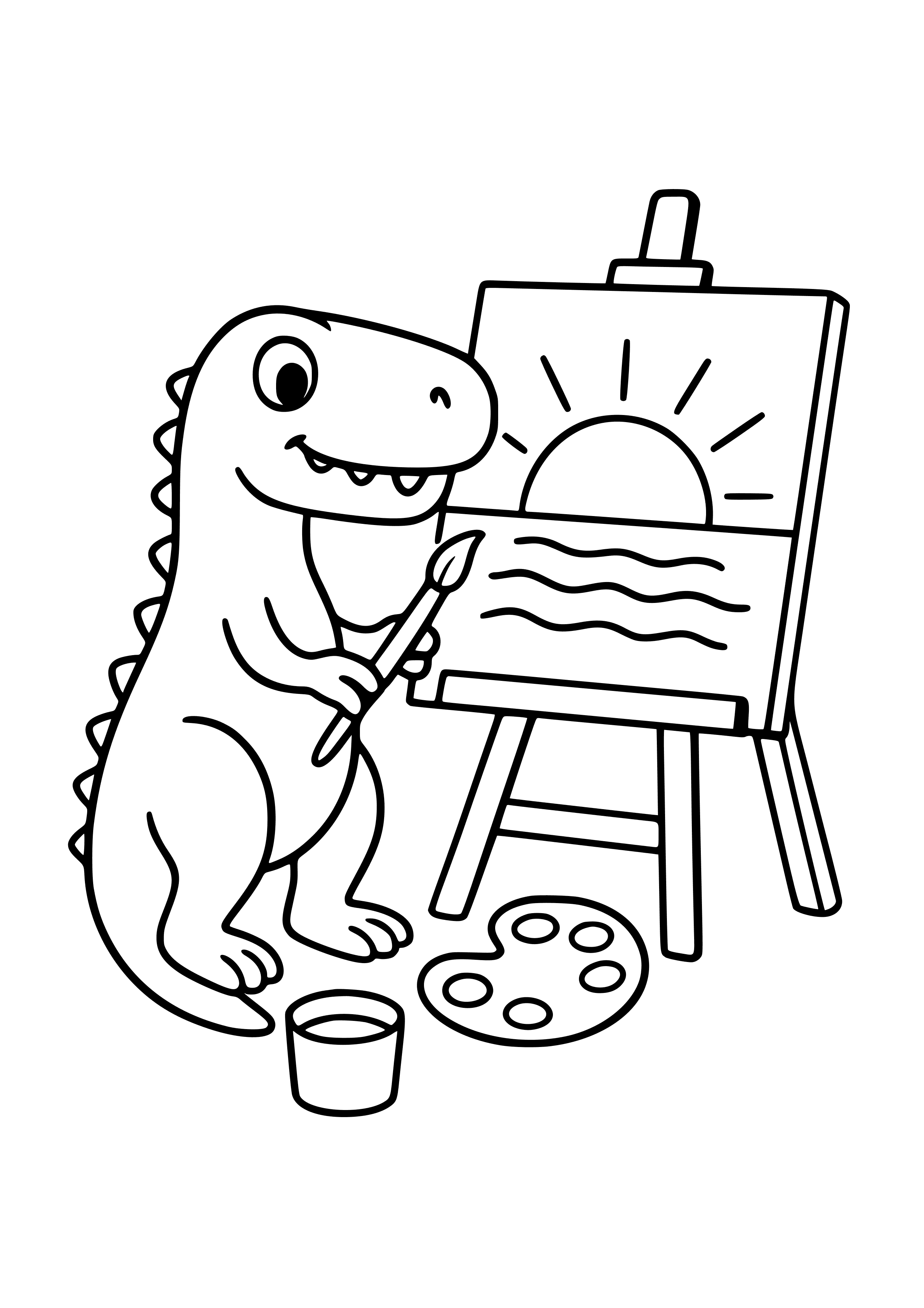 Dinosaur Painting a Sunset Coloring Page